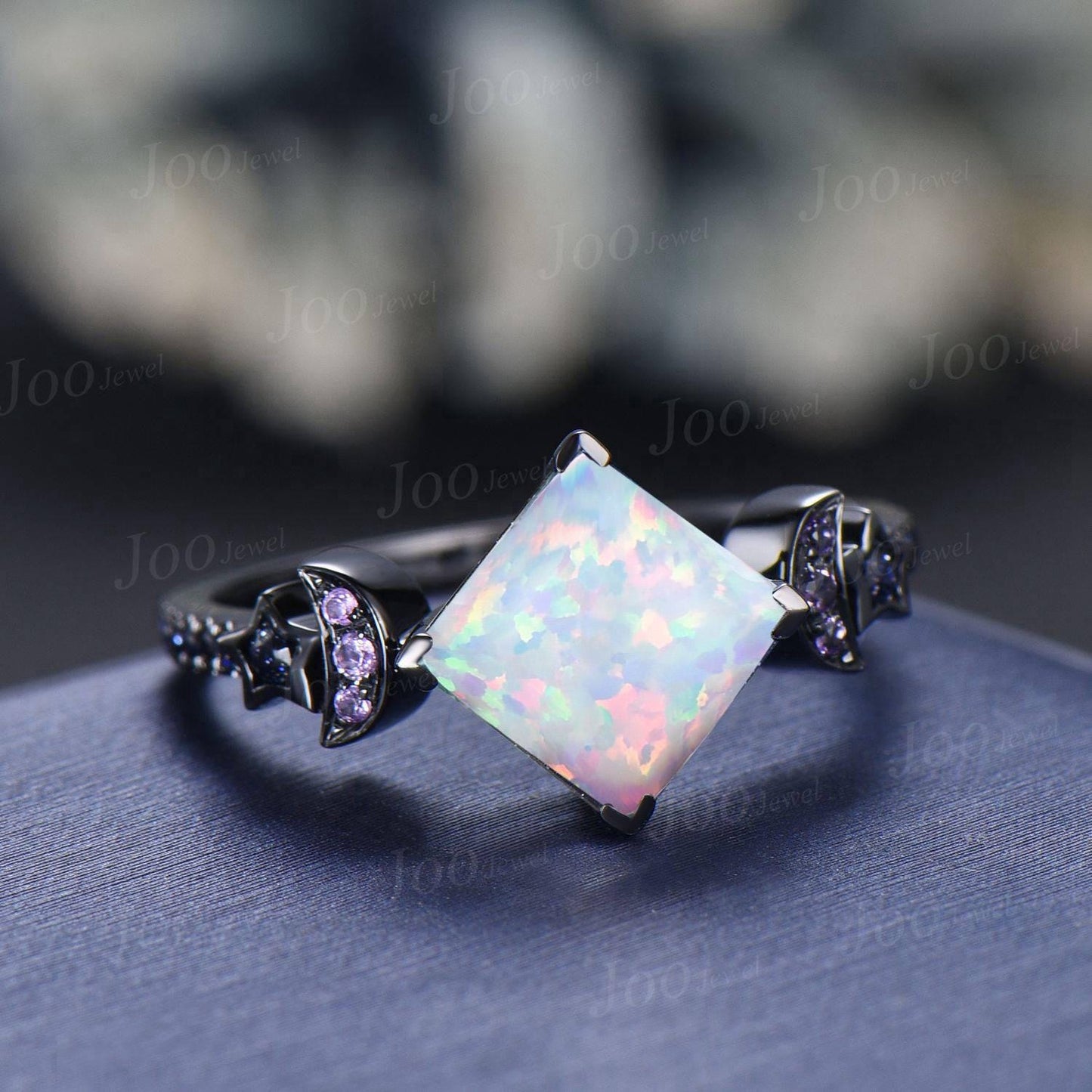 2ct Princess White Opal Engagement Ring Sandstone Amethyst Moon Star Wedding Ring Unique Black Gold Band October Birthstone Gifts for Women