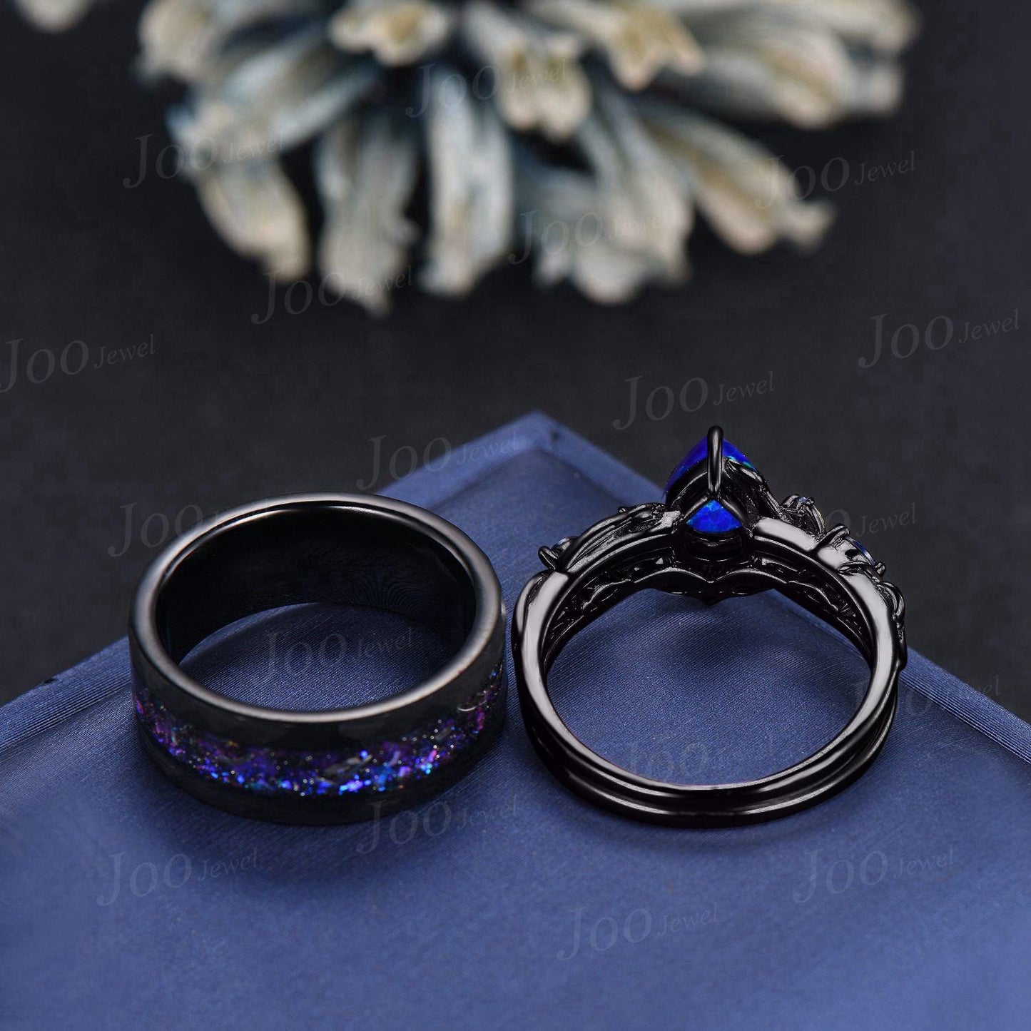 1.25ct Pear Cut Blue Opal Black Promise Ring Set for Her with Galaxy Sandstone Black Tungsten Band for Him Unique Matching Couple Rings Set