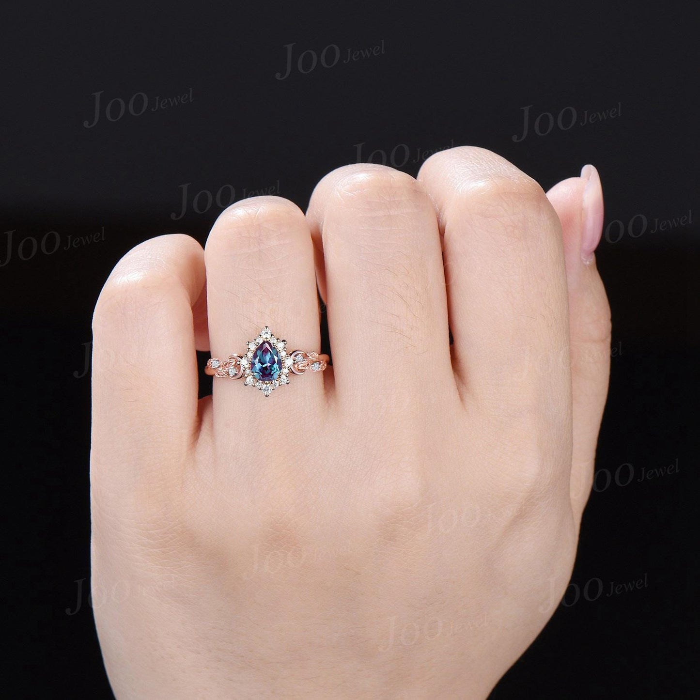 Halo Alexandrite Engagement Ring 10K Rose Gold Pear Shaped Color-Change Alexandrite Wedding Ring Personalized June Birthstone Gift for Women