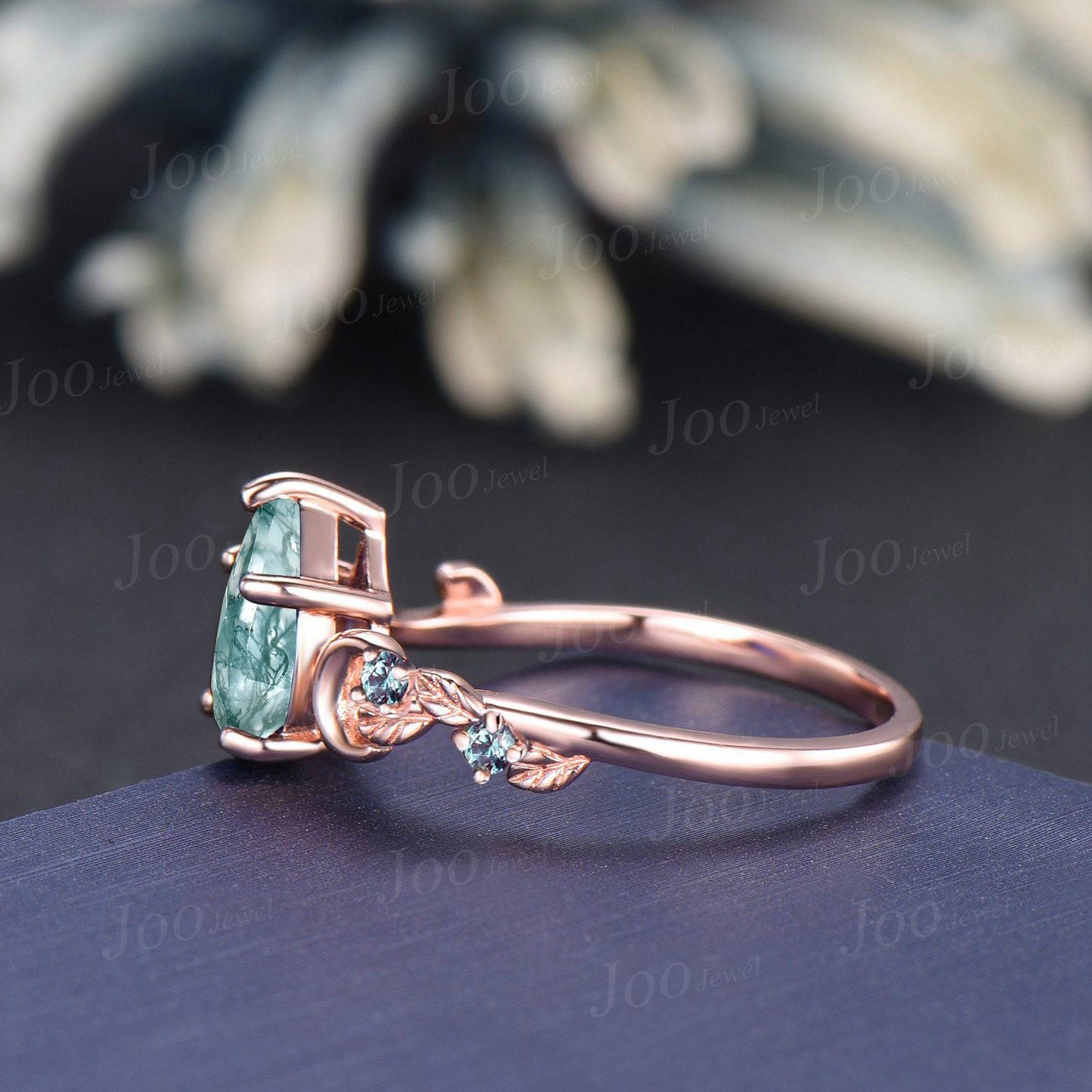 1.25ct Pear Cut Natural Moss Agate Moon Leaf Engagement Ring Cluster Alexandrite Wedding Ring Rose Gold Branch Moss Agate Bridal Ring Women