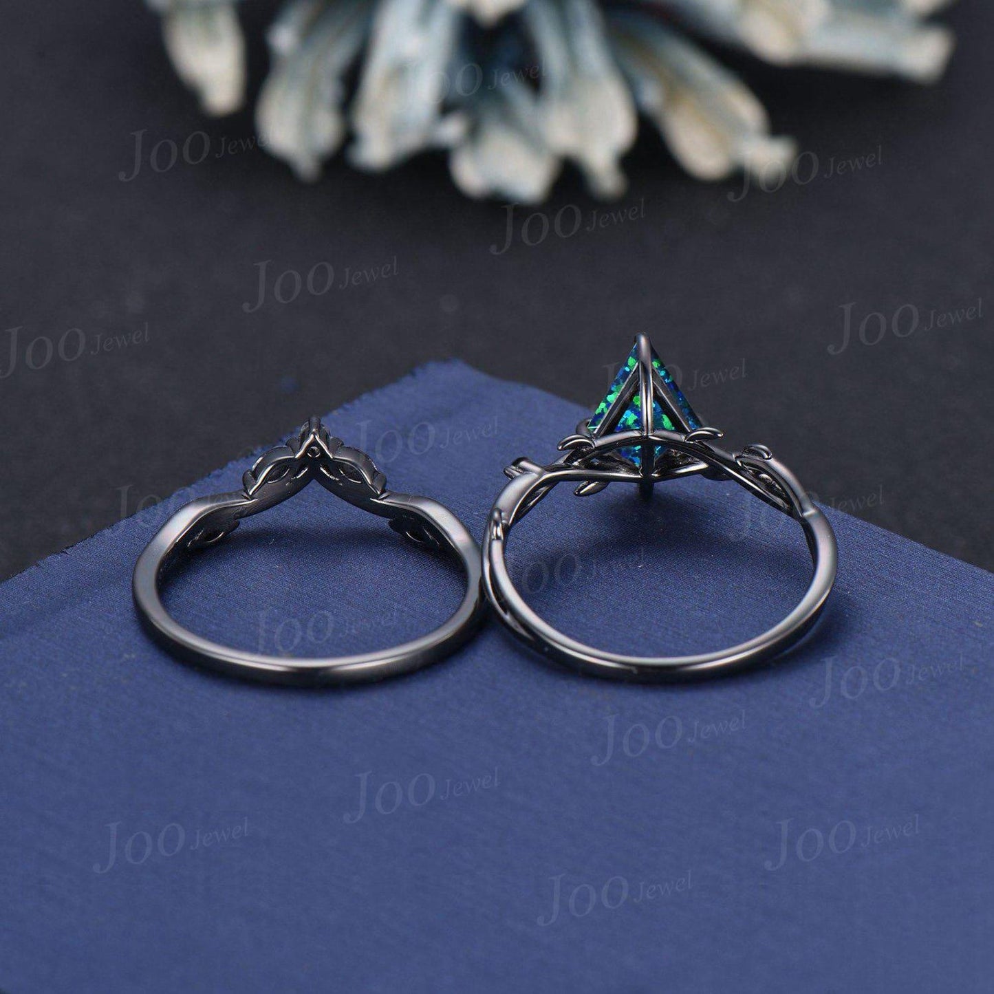 Antique Kite Cut Blue Opal Engagement Ring Set Twig Vine Black Onyx Wedding Ring Kite Bridal Set Gothic Black Wedding Ring Set for Women