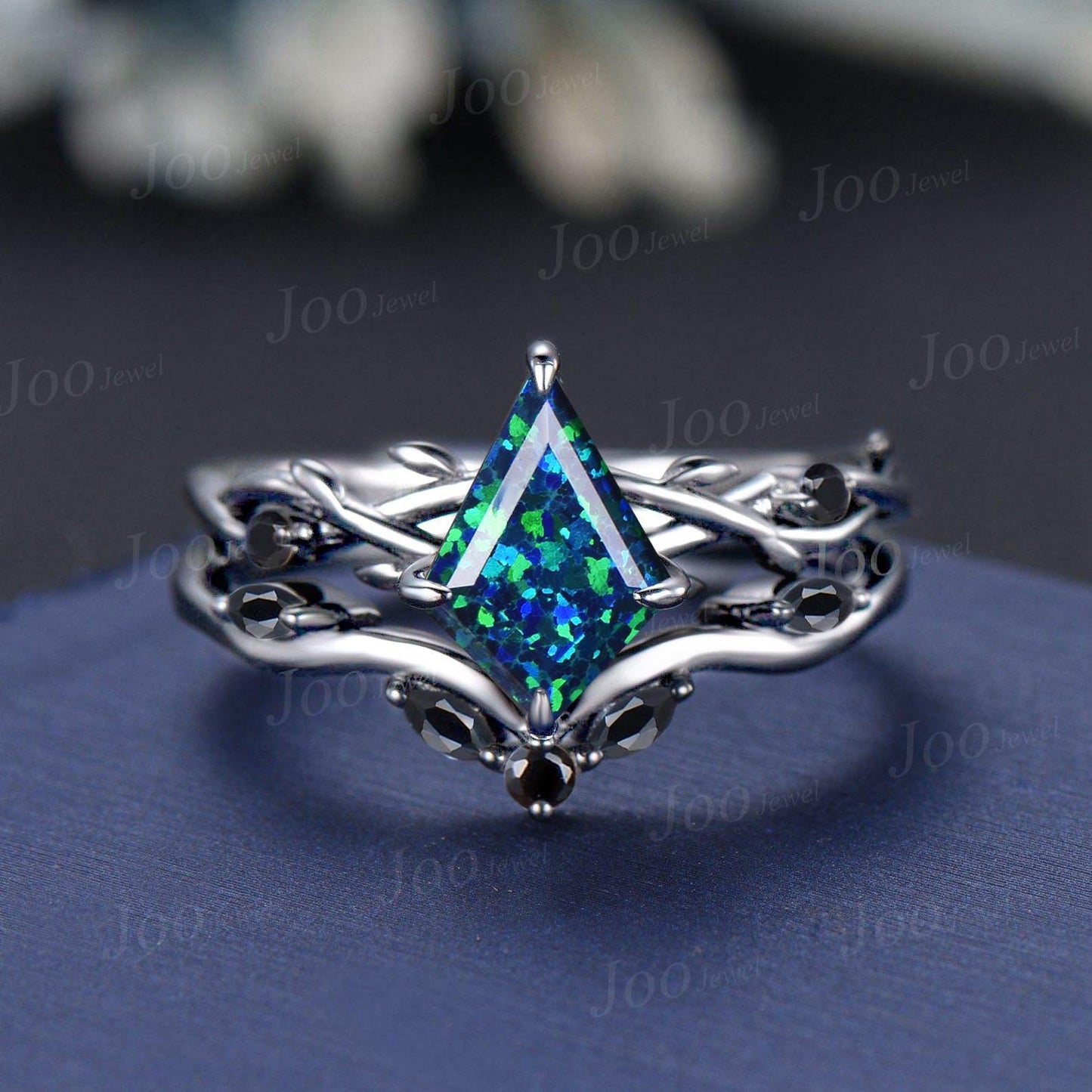 Antique Kite Cut Blue Opal Engagement Ring Set Twig Vine Black Onyx Wedding Ring Kite Bridal Set Gothic Black Wedding Ring Set for Women