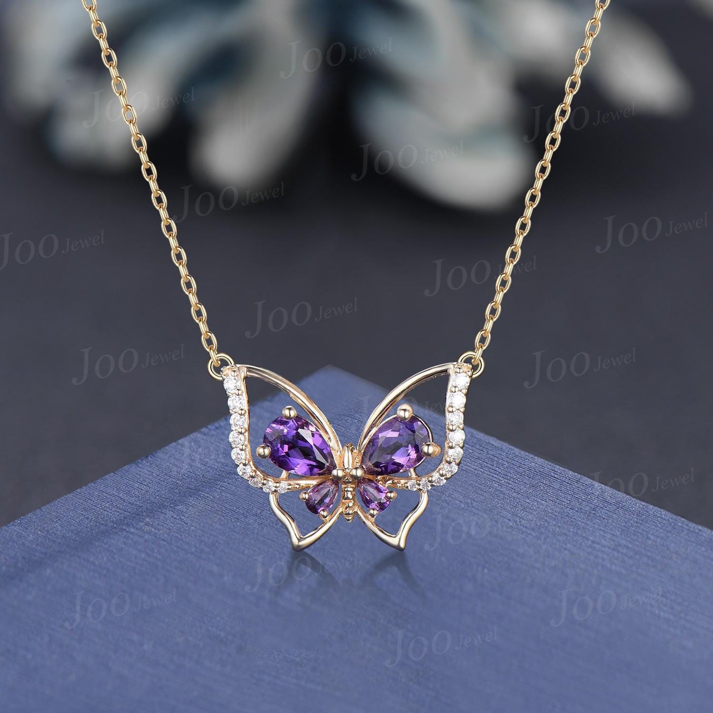 Pear Natural Amethyst Butterfly Necklace 14K Rose Gold Vintage Purple Crystal Pendant Unique February Birthstone Birthday Gifts For Daughter