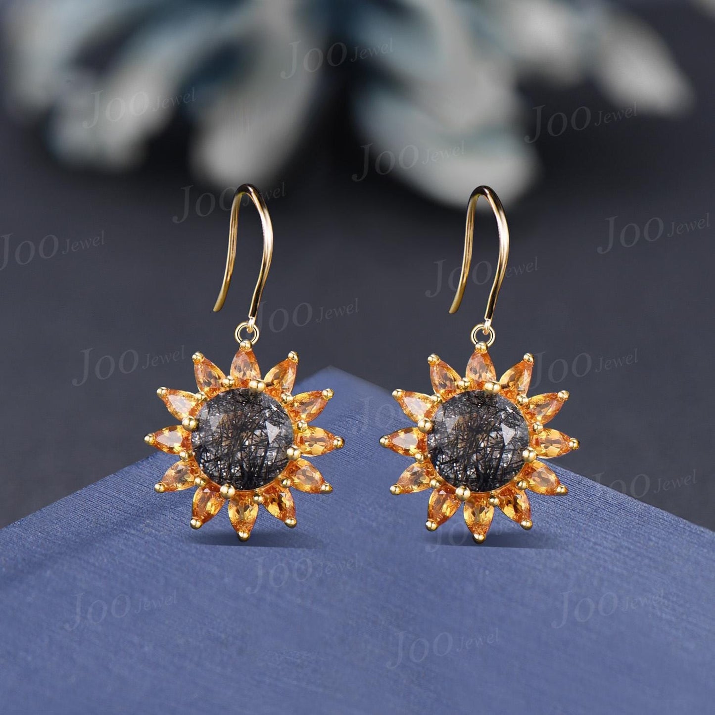 Sterling Silver Sunflower Hook Earrings Round Natural Black Rutilated Quartz Citrine Boho Studs -You Are My Sunshine Unique Birthday Gifts
