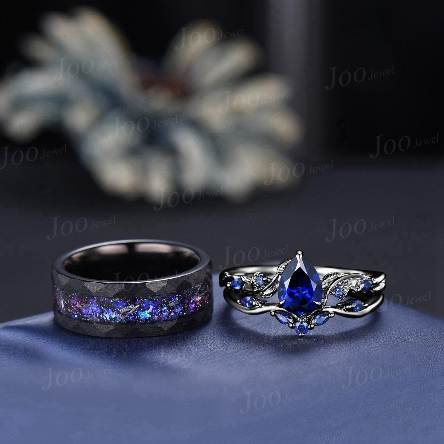 1.25ct Nature Inspired Pear Blue Sapphire Wedding Ring Set for Her with Galaxy Black Tungsten Band for Him Unique Matching Couple Rings Set