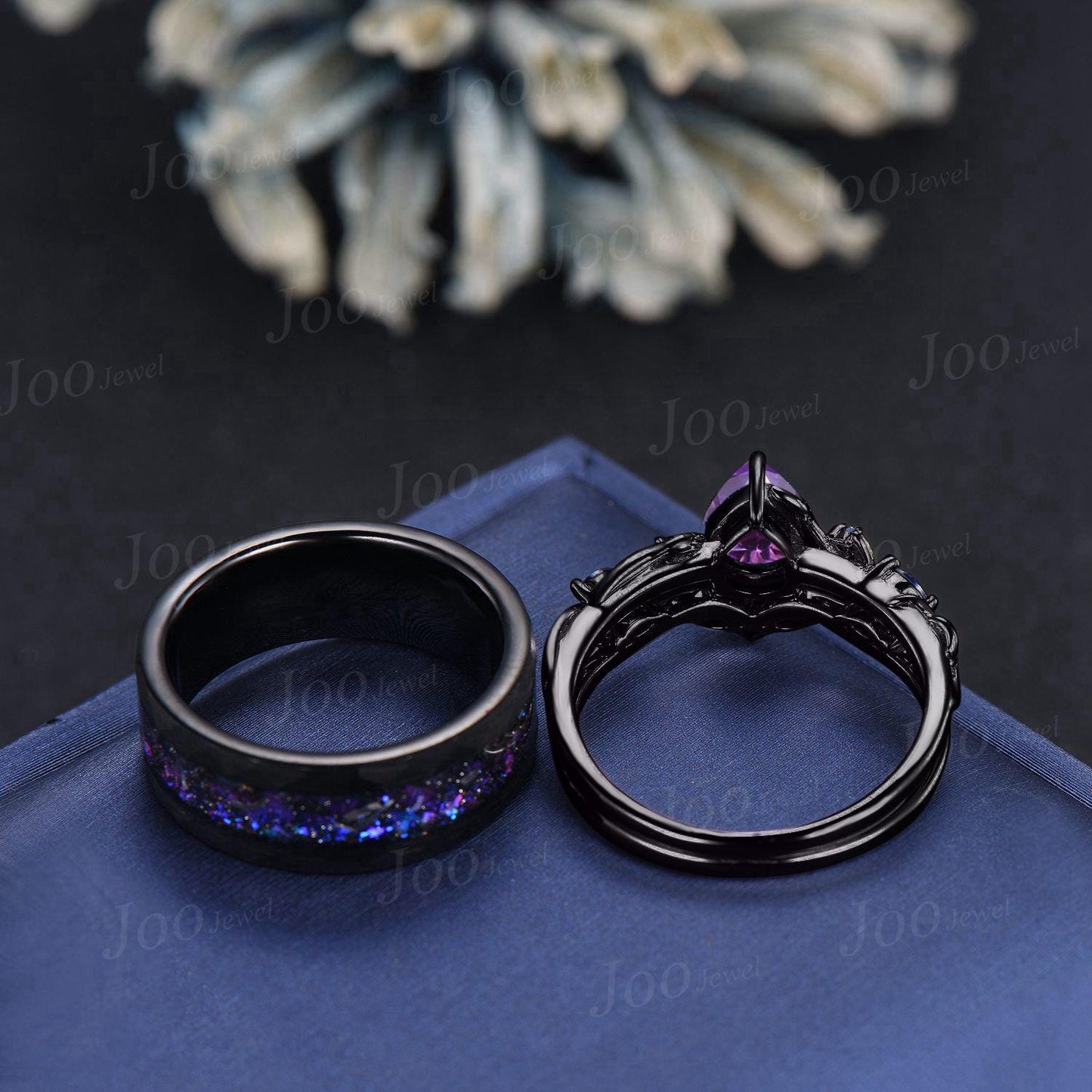 1.25ct Pear Cut Natural Amethyst Sapphire Vine Leaf Couples Ring Set Wear-resistant Men Tungsten Galaxy Nebula Matching Ring Set for Lover