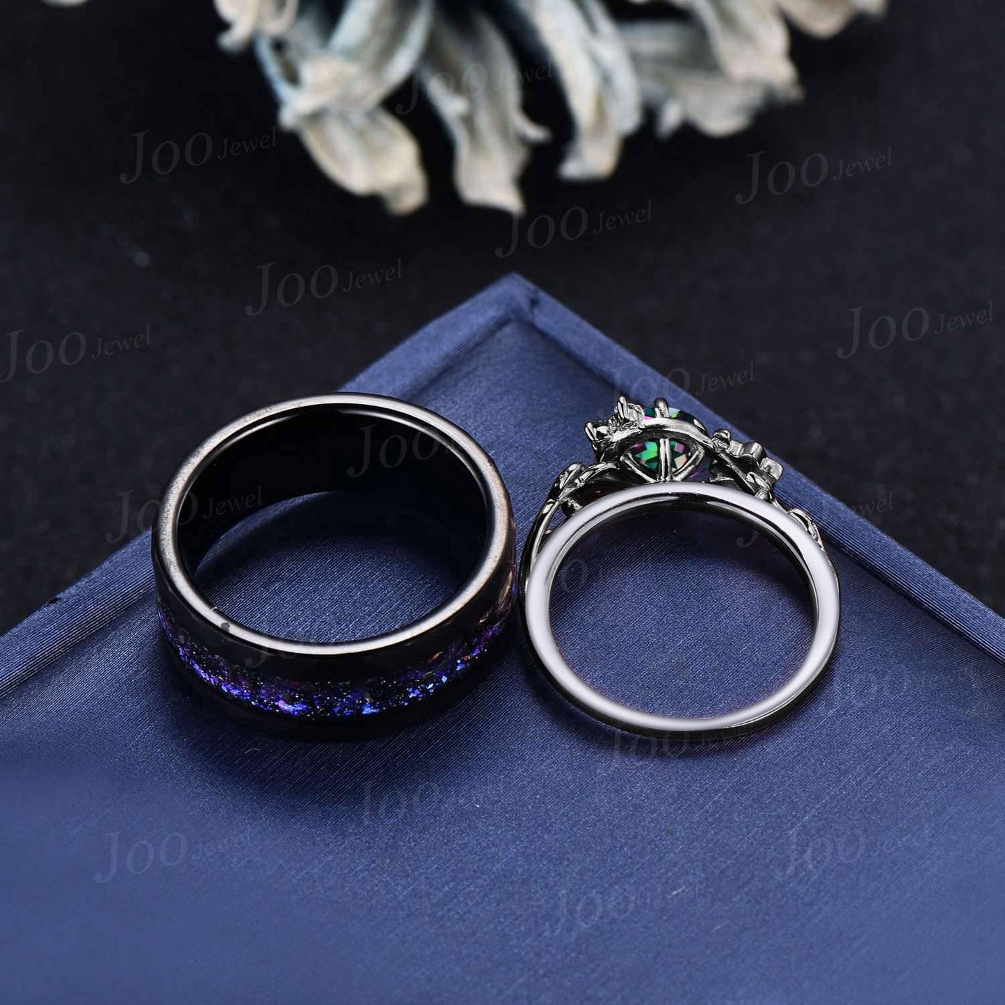 Galaxy Nebula Couple Ring Set Leaf Vine Round Cut Rainbow Mystic Topaz Moon Ring His and Hers Wedding Band Tungsten Matching Ring for Men