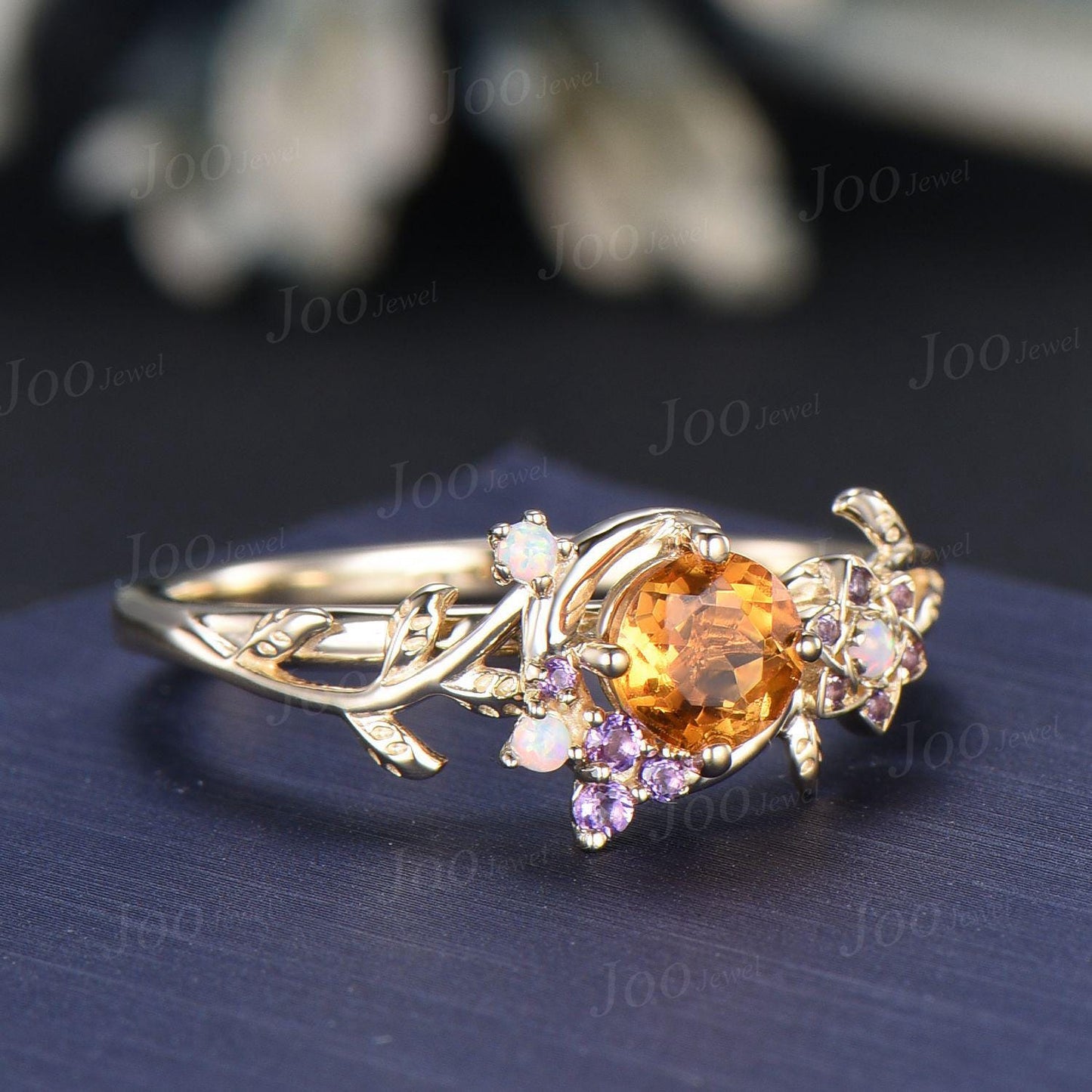 5mm Round Cut Natural Yellow Citrine Moon Engagement Ring 14K Yellow Gold Vine Leaf Genuine Crystal Promise Rings November Birthstone Gifts