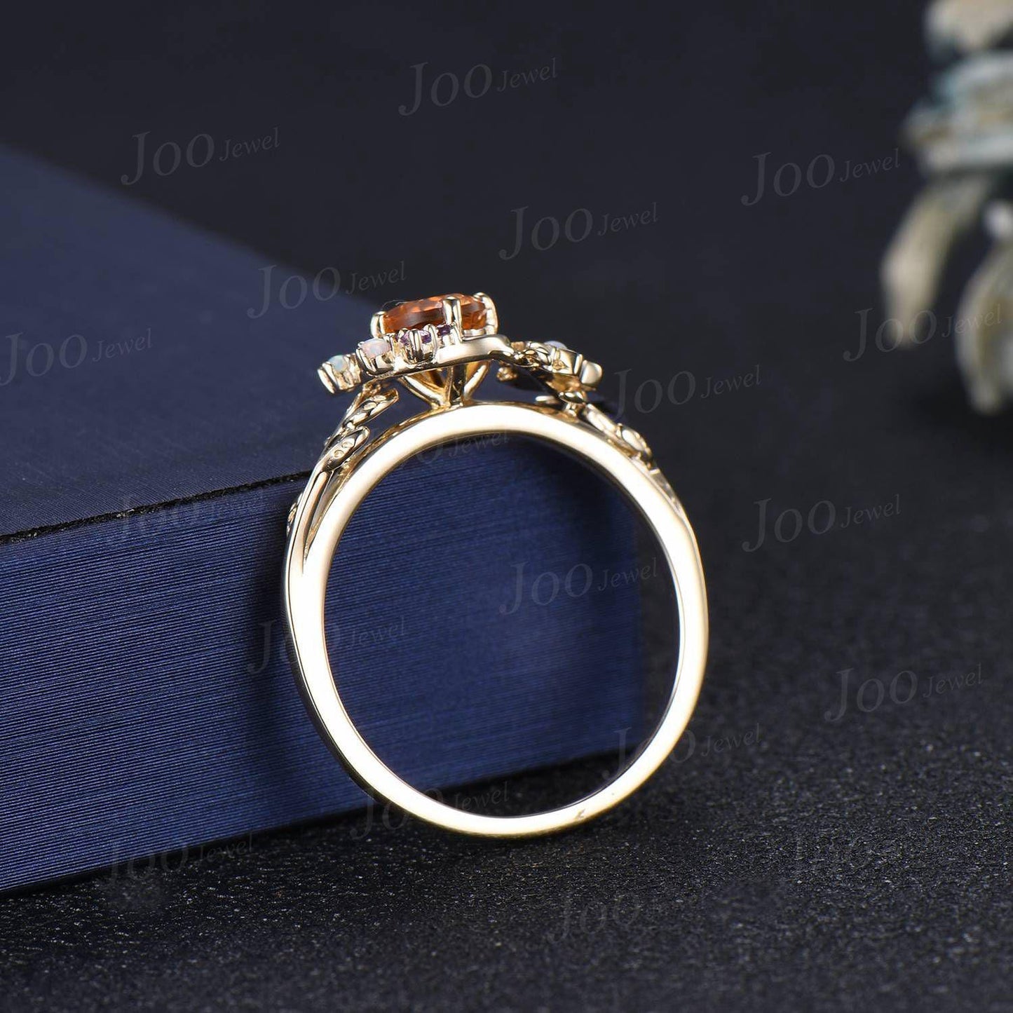 5mm Round Cut Natural Yellow Citrine Moon Engagement Ring 14K Yellow Gold Vine Leaf Genuine Crystal Promise Rings November Birthstone Gifts