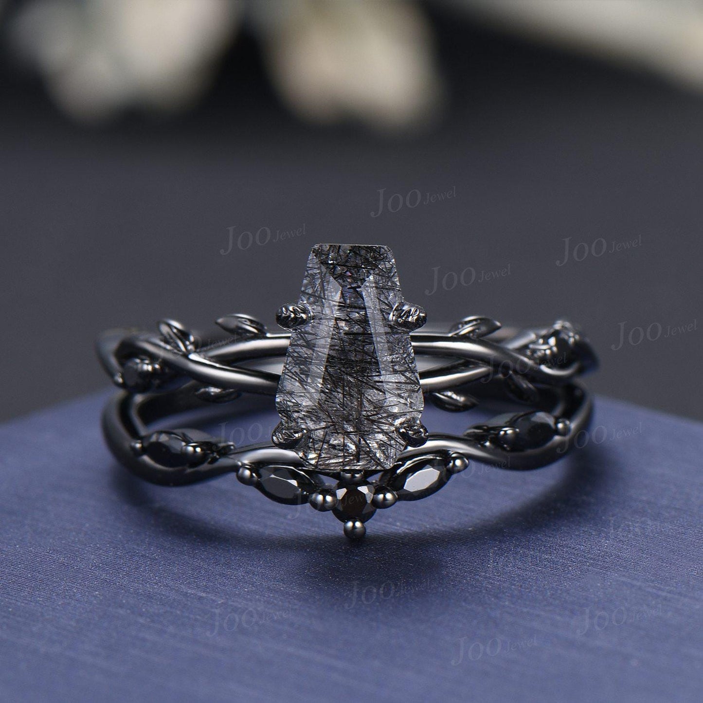 Retro Coffin Cut Natural Black Rutilated Quartz Engagement Ring Set Twig Vine Black Gothic Wedding Ring Set for Black Wedding Dress/Gown