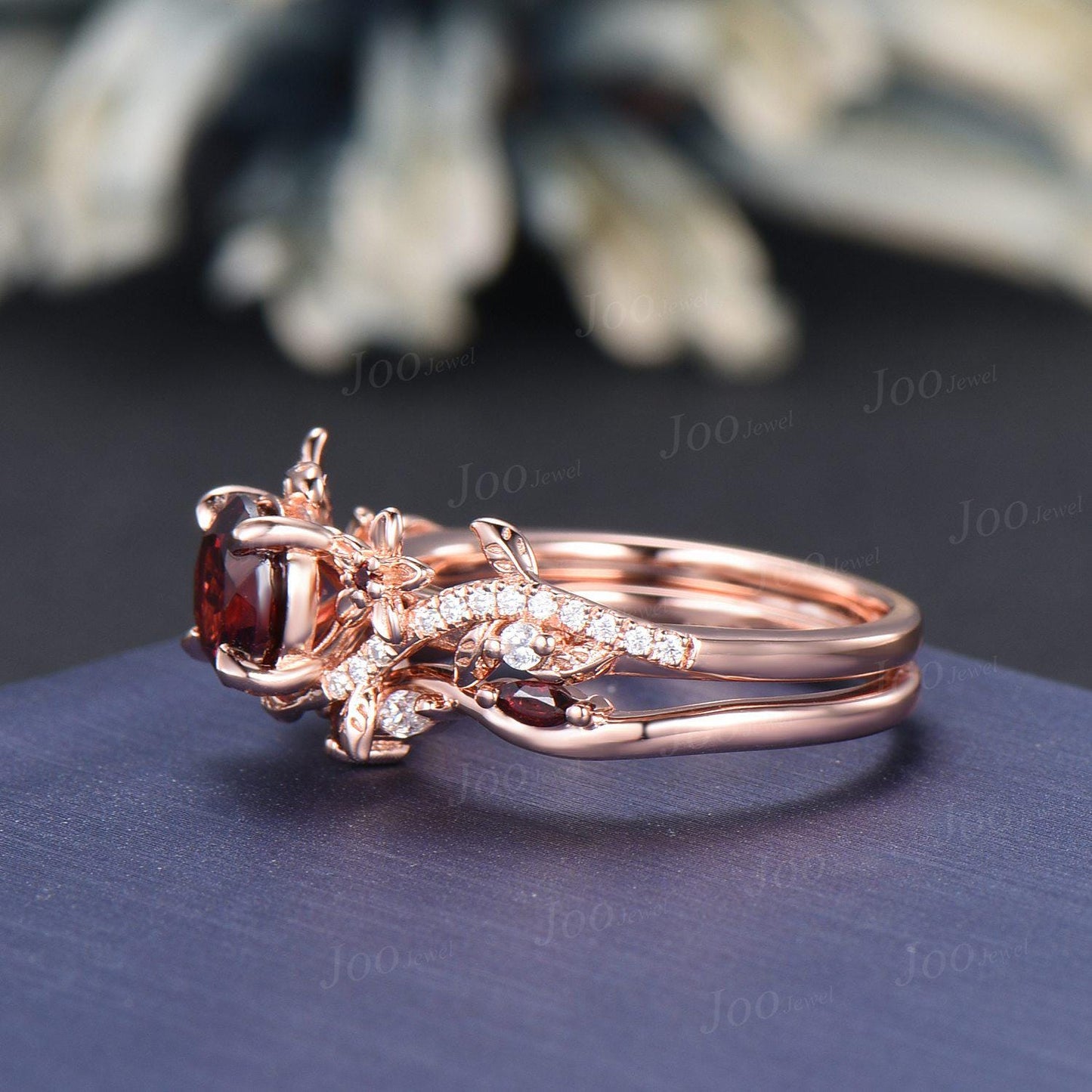 1CT Round Cut Natural Garnet Ring Set Rose Gold Branch Floral Nature Engagement Ring January Birthstone Bridal Set Unique Anniversary Gifts