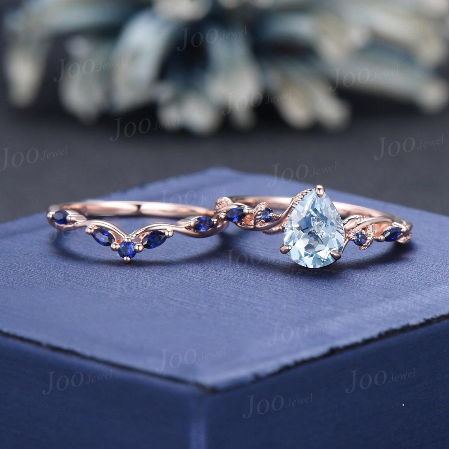 Nature Inspired Branch Aquamarine Bridal Ring Set 10K Rose Gold Pear Cut Aquamarine Wedding Ring Set for Women March Birthstone Jewelry Gift