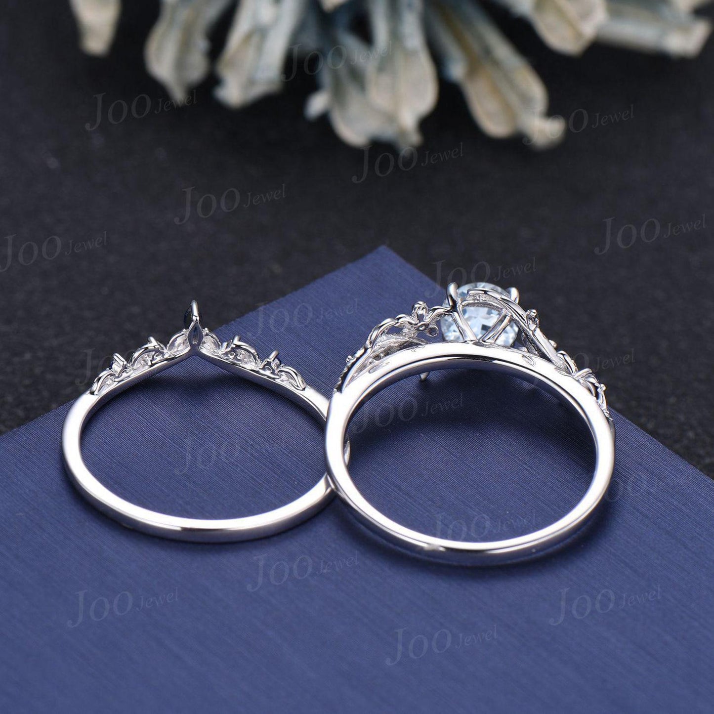 1ct Round Cut Natural Aquamarine Engagement Ring Set Sterling Silver Leaf Nature Inspired Blue Sapphire Aquamarine Wedding Ring for Women
