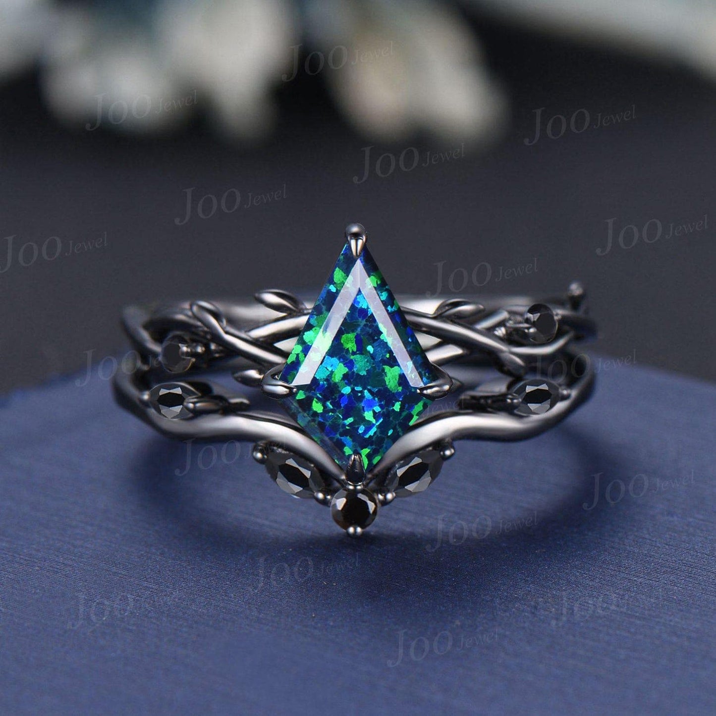 Antique Kite Cut Blue Opal Engagement Ring Set Twig Vine Black Onyx Wedding Ring Kite Bridal Set Gothic Black Wedding Ring Set for Women