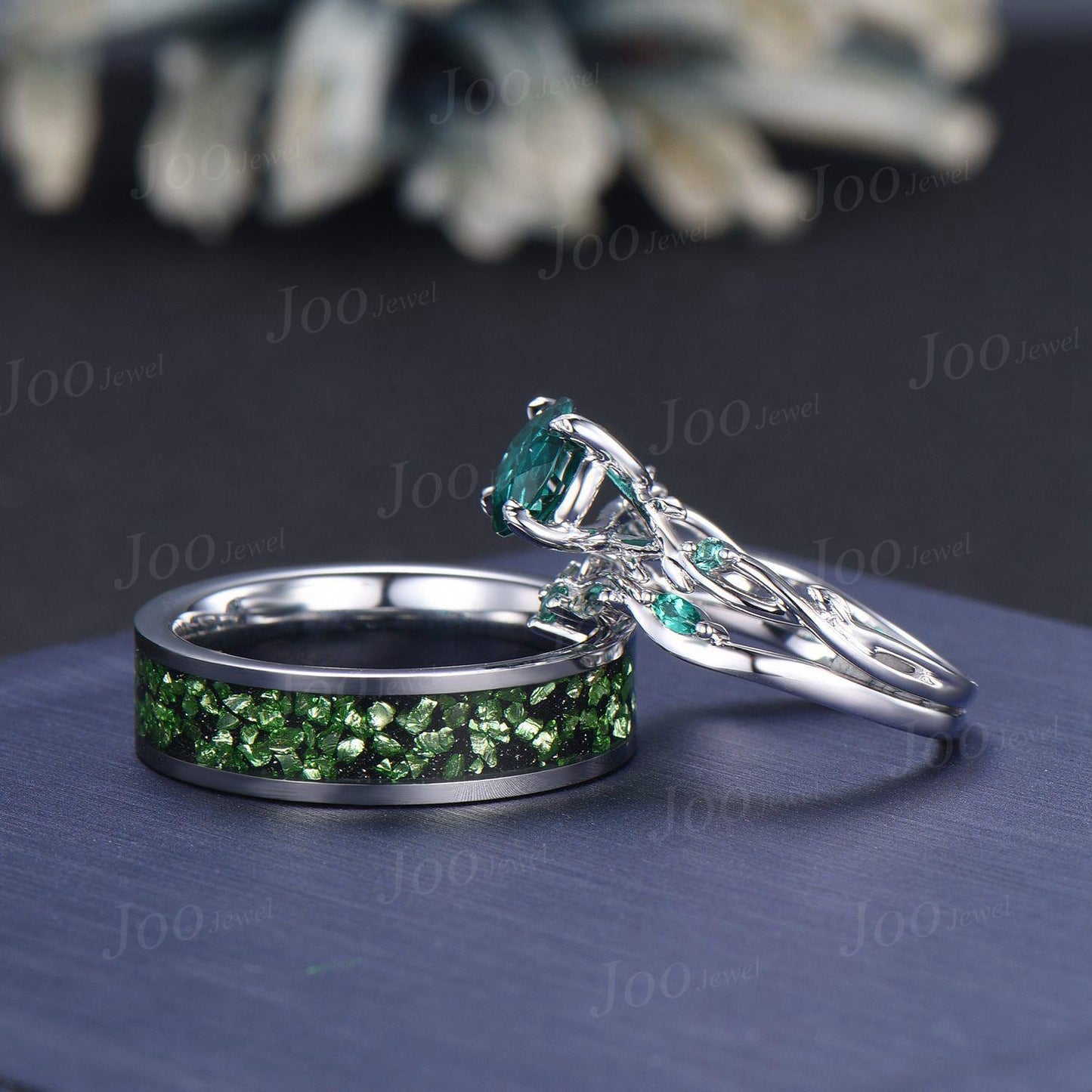 2pcs Round Green Emerald Branch Couples Ring-His and Hers Wedding Band-Sterling Silver Ring-Nature Inspired Matching Band-Anniversary Rings