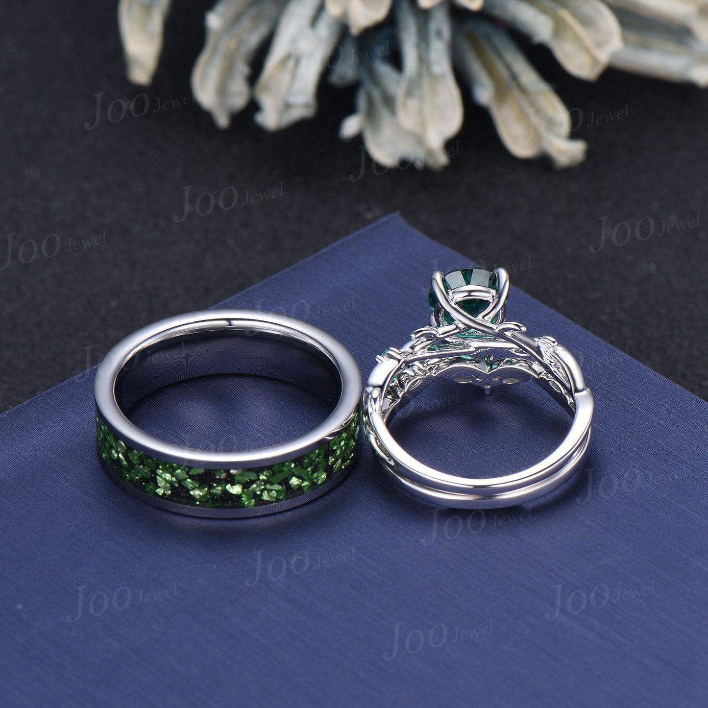2pcs Round Green Emerald Branch Couples Ring-His and Hers Wedding Band-Sterling Silver Ring-Nature Inspired Matching Band-Anniversary Rings