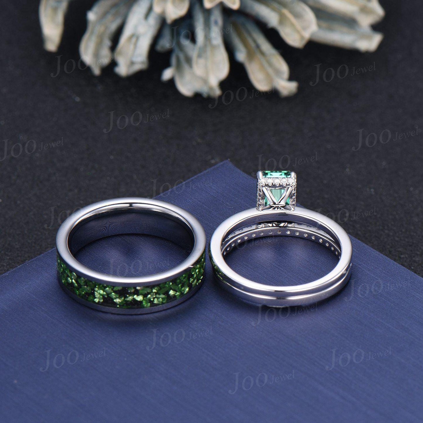 2ct Emerald Cut Green Sapphire Matching Couple Ring Set Sterling Silver Solitaire Engagement Ring for Her Teal Tungsten Wedding Band for Him