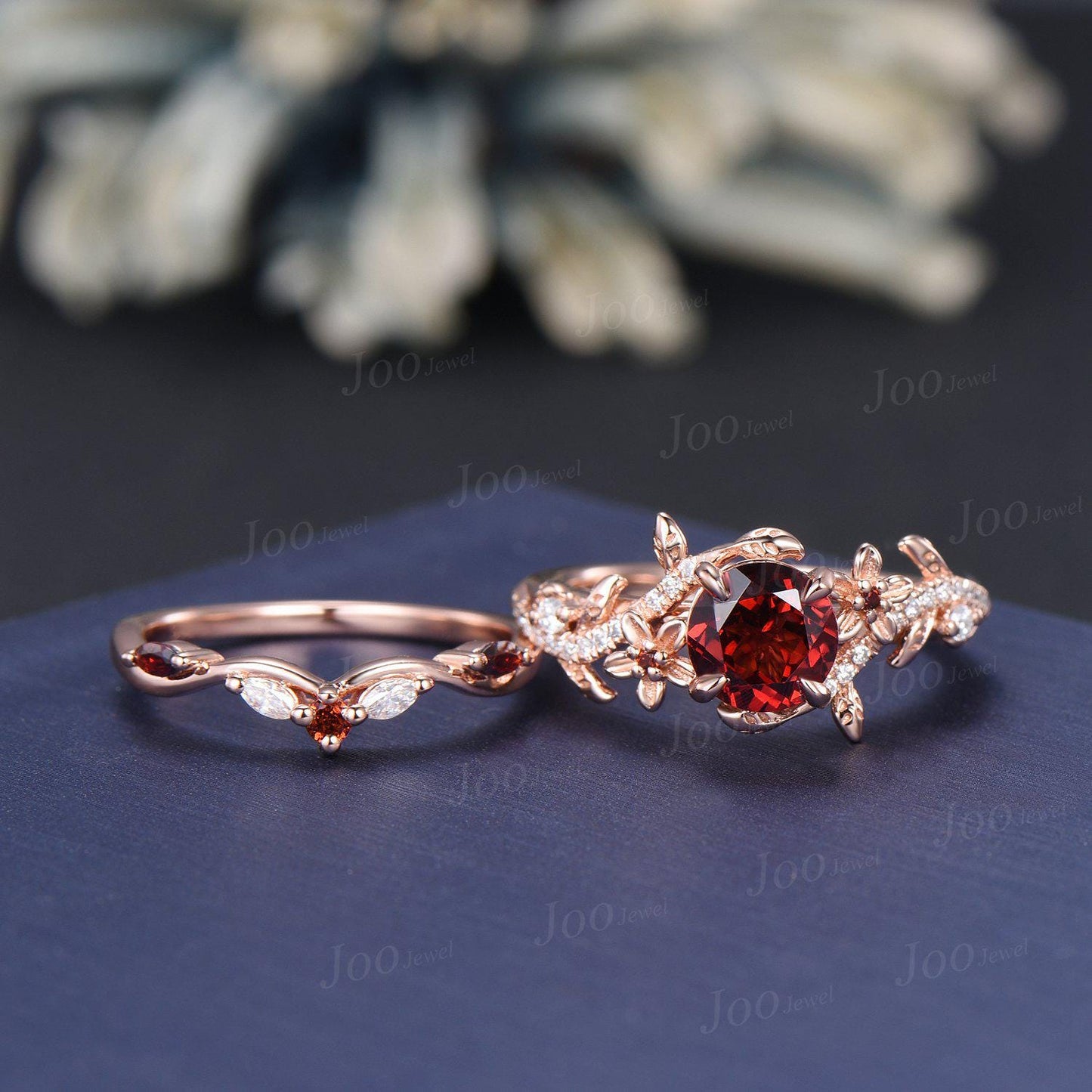 1CT Round Cut Natural Garnet Ring Set Rose Gold Branch Floral Nature Engagement Ring January Birthstone Bridal Set Unique Anniversary Gifts
