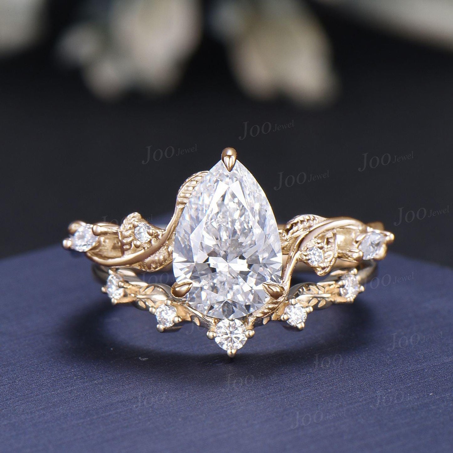 2 Carat Sparkling Teardrop Cut Lab Grown Diamond Engagement Ring Set with IGI Certificate 14K Solid Yellow Gold Nature Inspired Bridal Rings