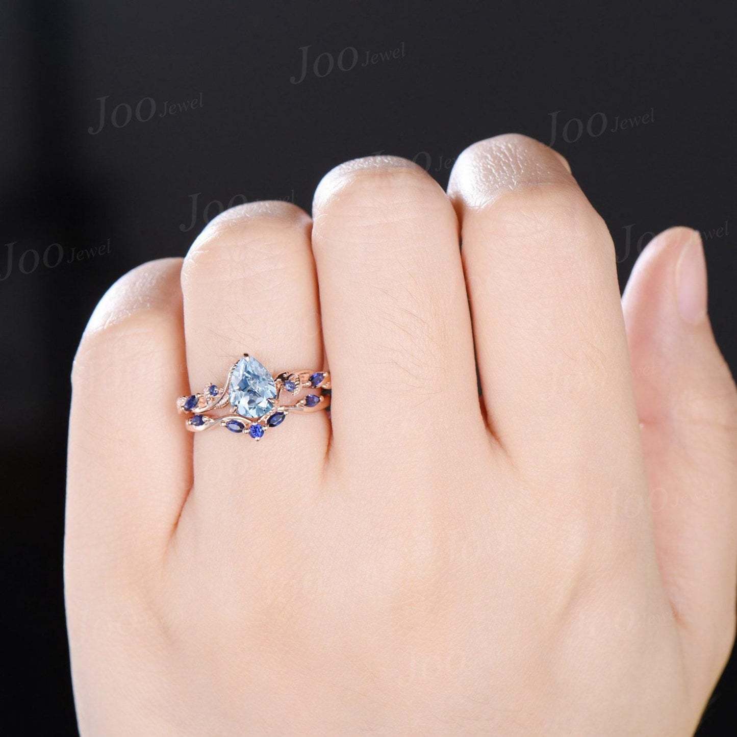 Nature Inspired Branch Aquamarine Bridal Ring Set 10K Rose Gold Pear Cut Aquamarine Wedding Ring Set for Women March Birthstone Jewelry Gift