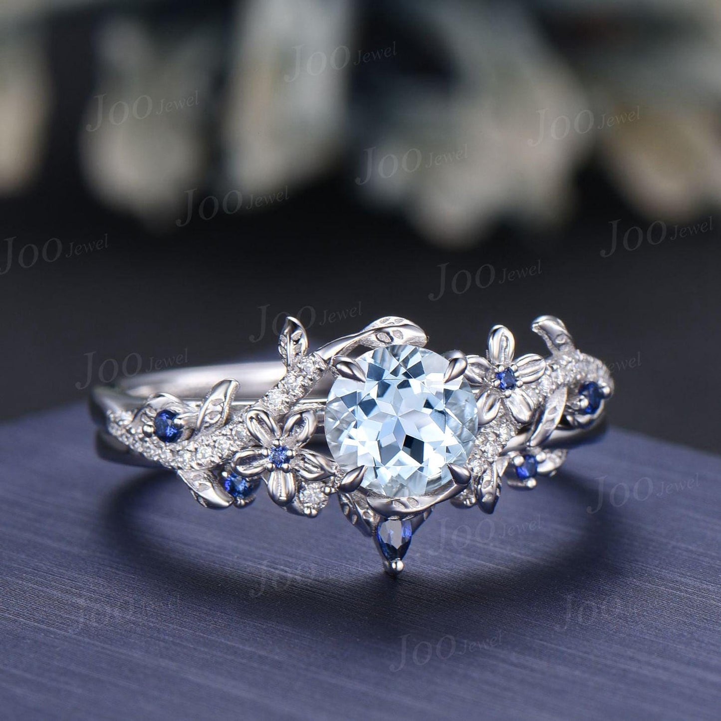 1ct Round Cut Natural Aquamarine Engagement Ring Set Sterling Silver Leaf Nature Inspired Blue Sapphire Aquamarine Wedding Ring for Women