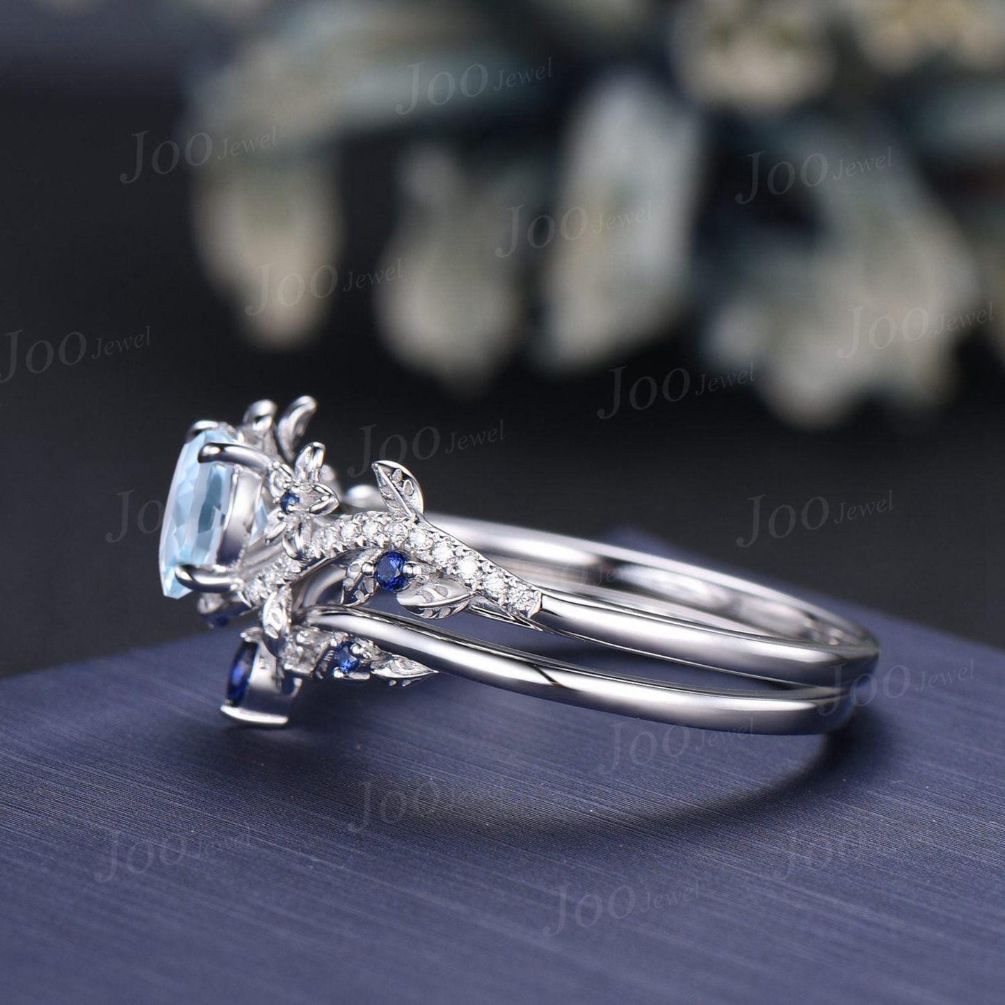 1ct Round Cut Natural Aquamarine Engagement Ring Set Sterling Silver Leaf Nature Inspired Blue Sapphire Aquamarine Wedding Ring for Women