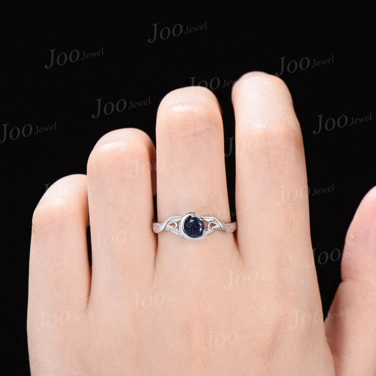 Crescent Moon Round Galaxy Blue Sandstone Ring 14K White Gold Feather Wedding Ring Twisted Crossover Engagement Ring Unique Proposal Gifts