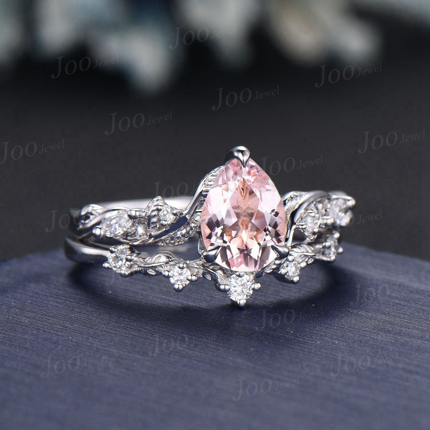 Pear Cut Natural Pink Morganite Diamond Leaf Engagement Ring Set 14K Rose Gold Branch Nature Inspired Real Diamond Morganite Wedding Ring