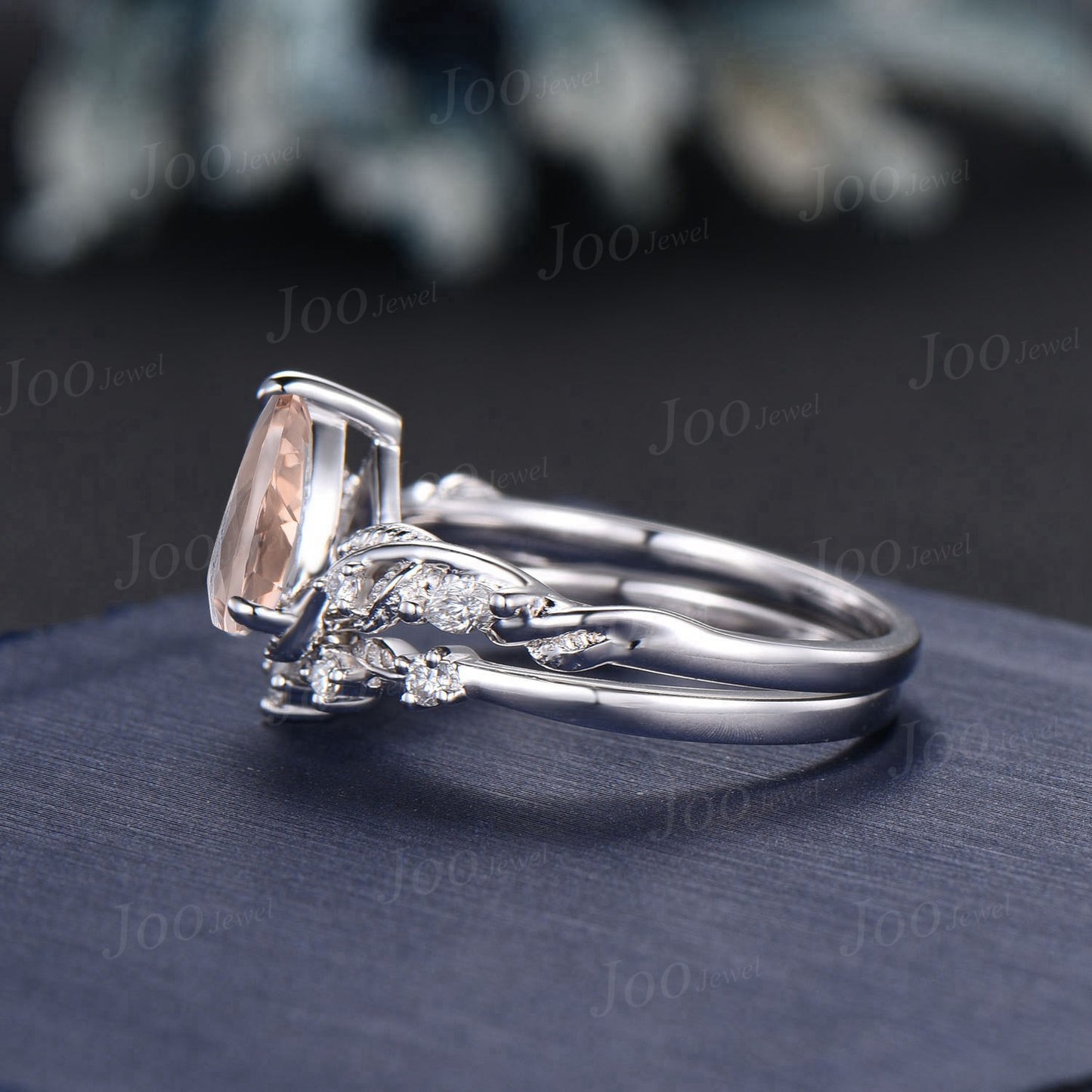 Pear Cut Natural Pink Morganite Diamond Leaf Engagement Ring Set 14K Rose Gold Branch Nature Inspired Real Diamond Morganite Wedding Ring