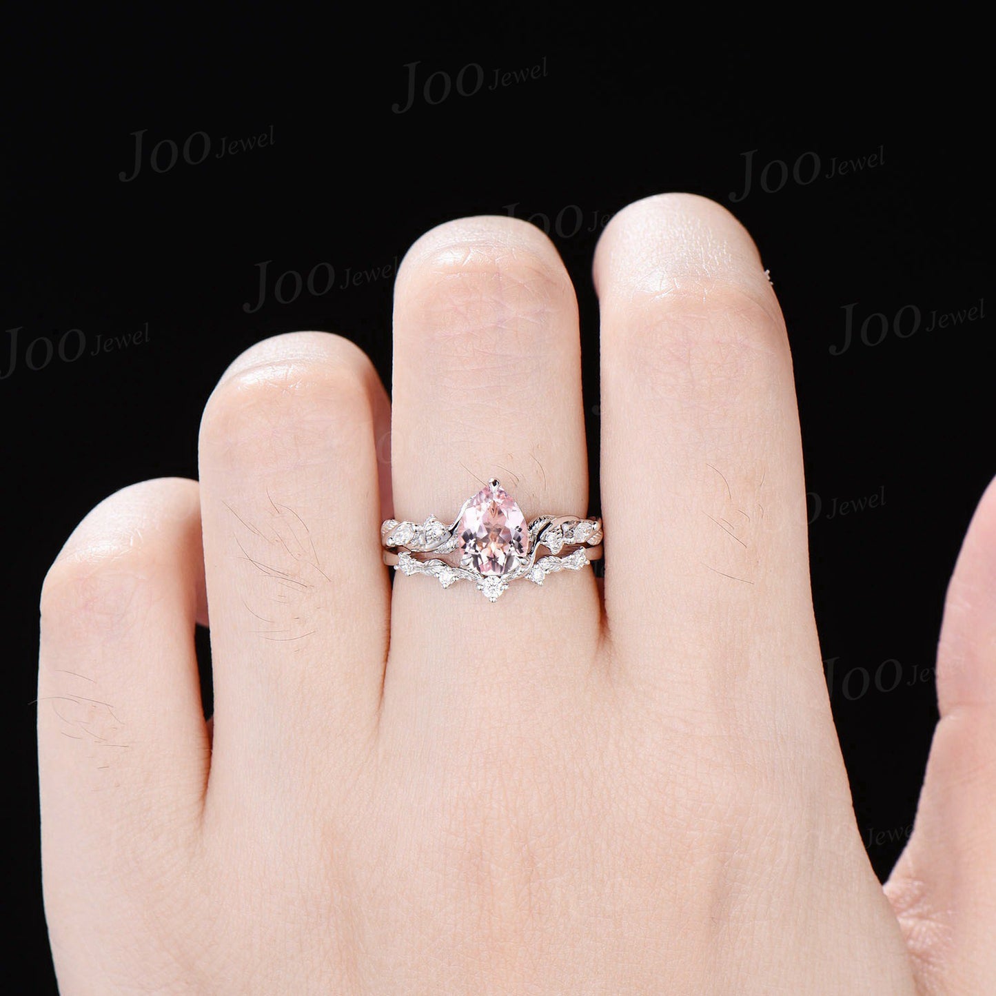 Pear Cut Natural Pink Morganite Diamond Leaf Engagement Ring Set 14K Rose Gold Branch Nature Inspired Real Diamond Morganite Wedding Ring