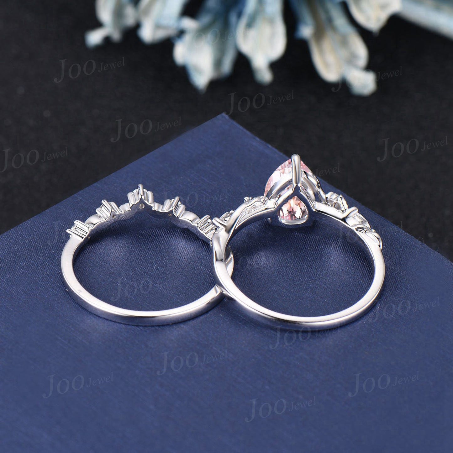 Pear Cut Natural Pink Morganite Diamond Leaf Engagement Ring Set 14K Rose Gold Branch Nature Inspired Real Diamond Morganite Wedding Ring