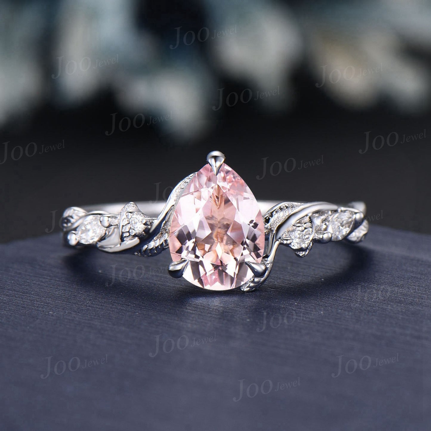 Pear Cut Natural Pink Morganite Diamond Leaf Engagement Ring Set 14K Rose Gold Branch Nature Inspired Real Diamond Morganite Wedding Ring