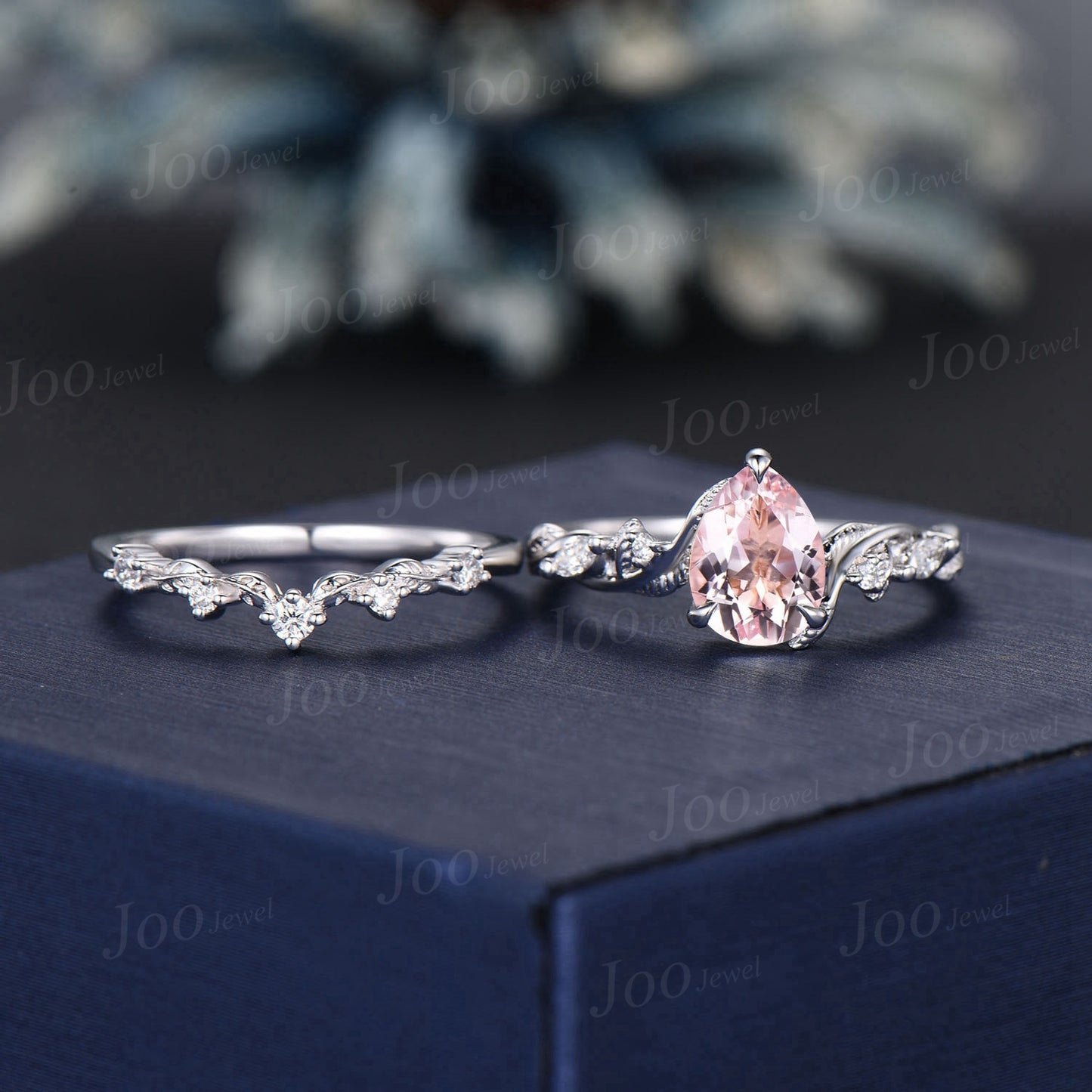 Pear Cut Natural Pink Morganite Diamond Leaf Engagement Ring Set 14K Rose Gold Branch Nature Inspired Real Diamond Morganite Wedding Ring