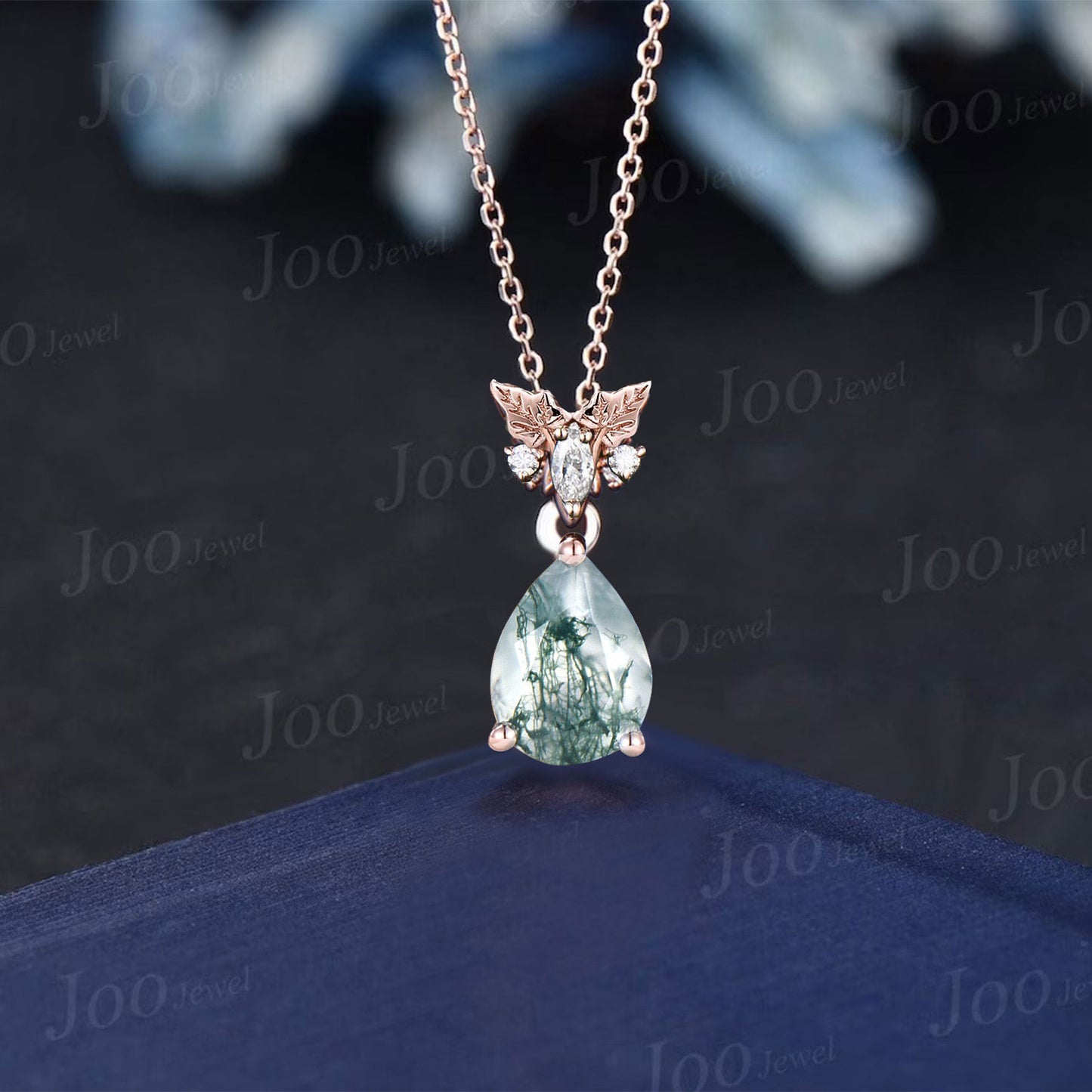 Pear Green Moss Agate Moissanite Drop Necklace Solid 14k/18k Rose Gold Leaf Floral Nature Inspired Pendant For Women Anniversary Gift Mother