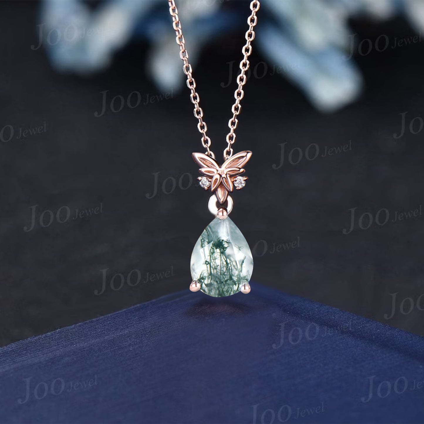 Celtic Leaf Pear Natural Moss Agate Diamond Pendant 14K Rose Gold Nature Inspired Trinity Knot Aquatic Agate Wedding Necklace Birthday Gifts