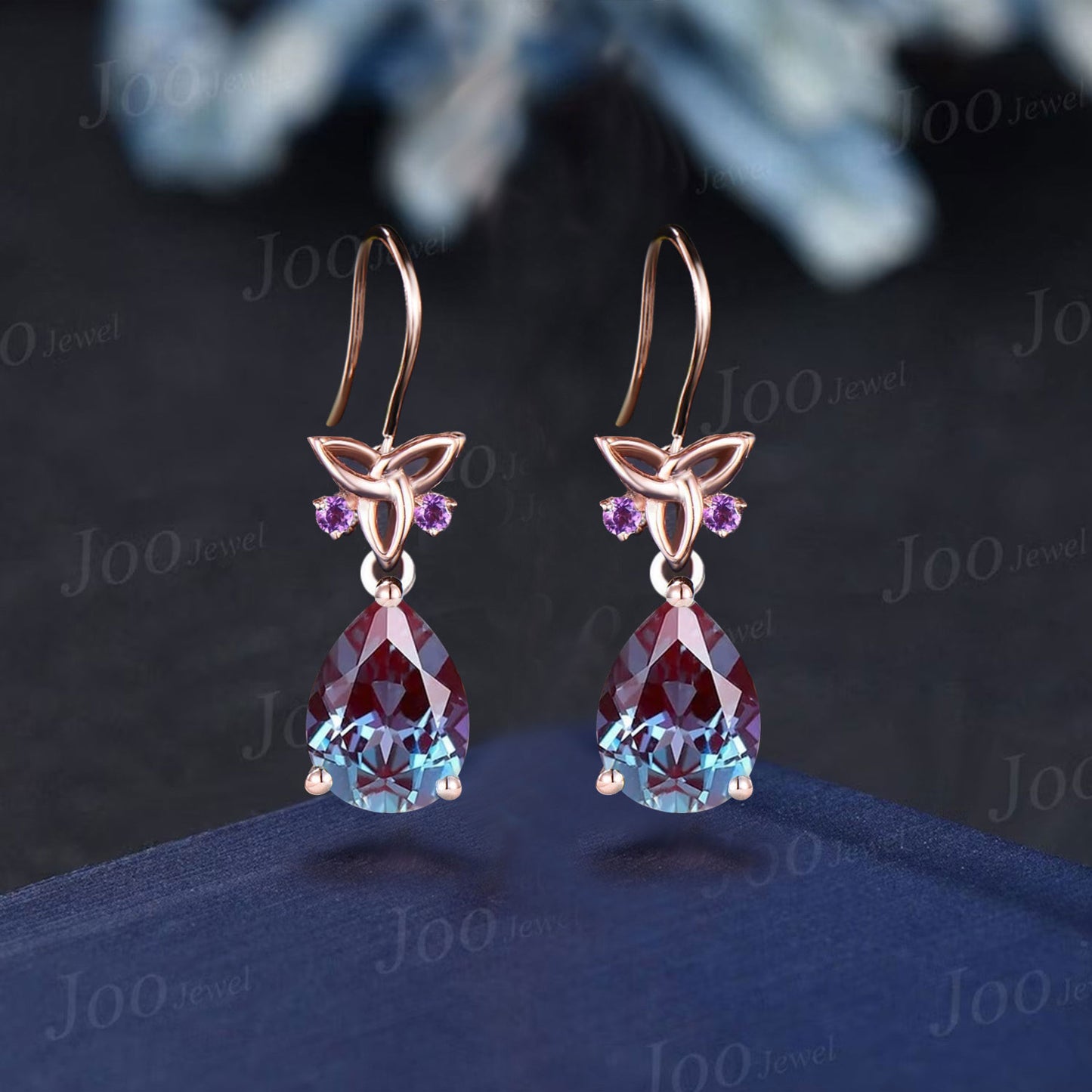 Celtic Trinity Knot Color-Change Alexandrite Drop Necklace Teardrop Alexandrite Amethyst Pendant Rose Gold Gemstone Birthday Gift for Women
