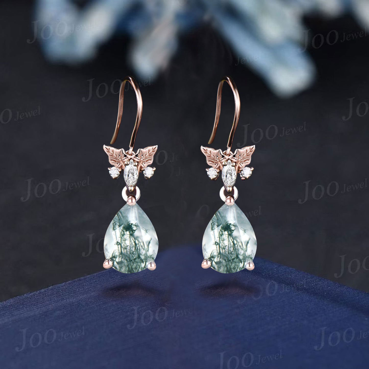 Pear Green Moss Agate Moissanite Drop Necklace Solid 14k/18k Rose Gold Leaf Floral Nature Inspired Pendant For Women Anniversary Gift Mother
