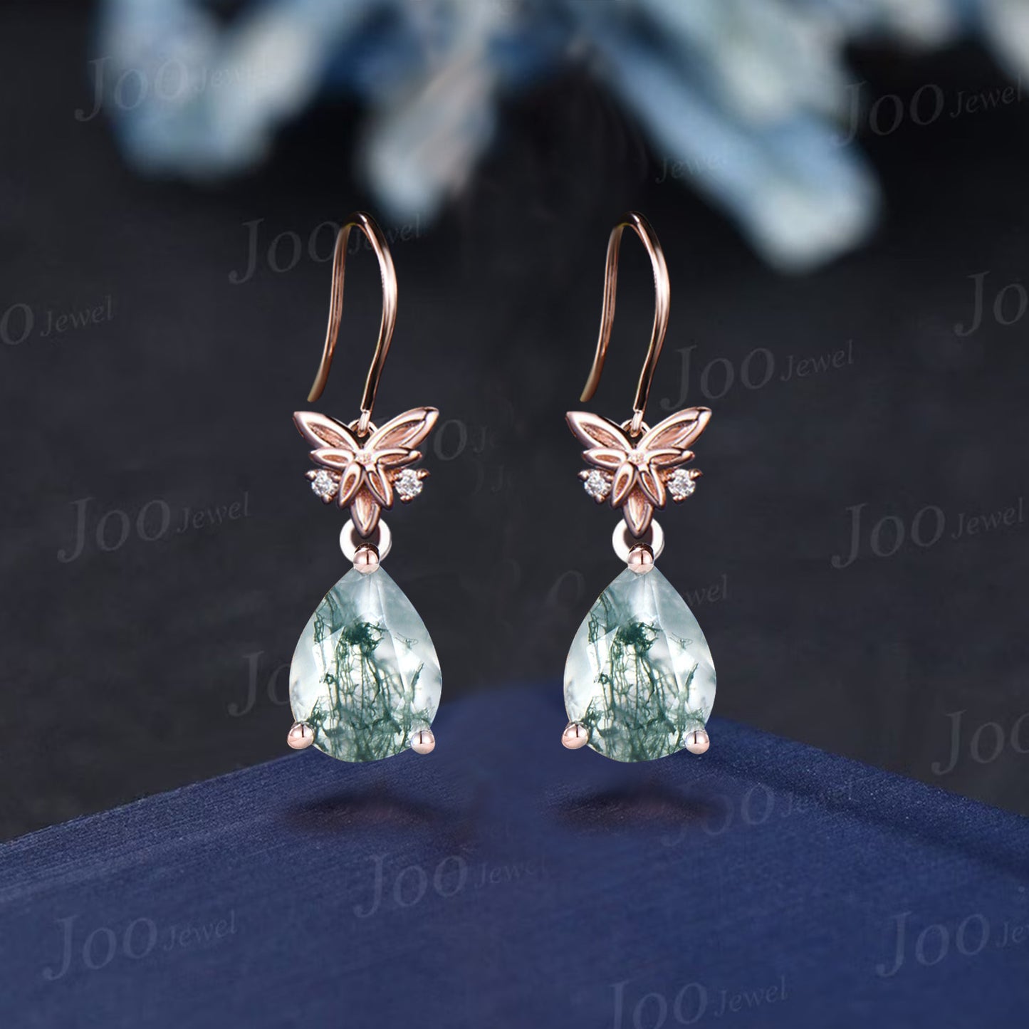 Celtic Leaf Pear Natural Moss Agate Diamond Pendant 14K Rose Gold Nature Inspired Trinity Knot Aquatic Agate Wedding Necklace Birthday Gifts