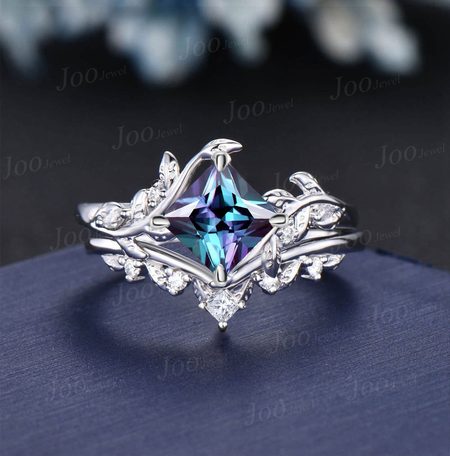 2CT Princess Cut Color-Change Alexandrite Bridal Ring Set 14K Rose Gold Princess Moissanite Leaf Band Vine Branch Nature Wedding Ring Women