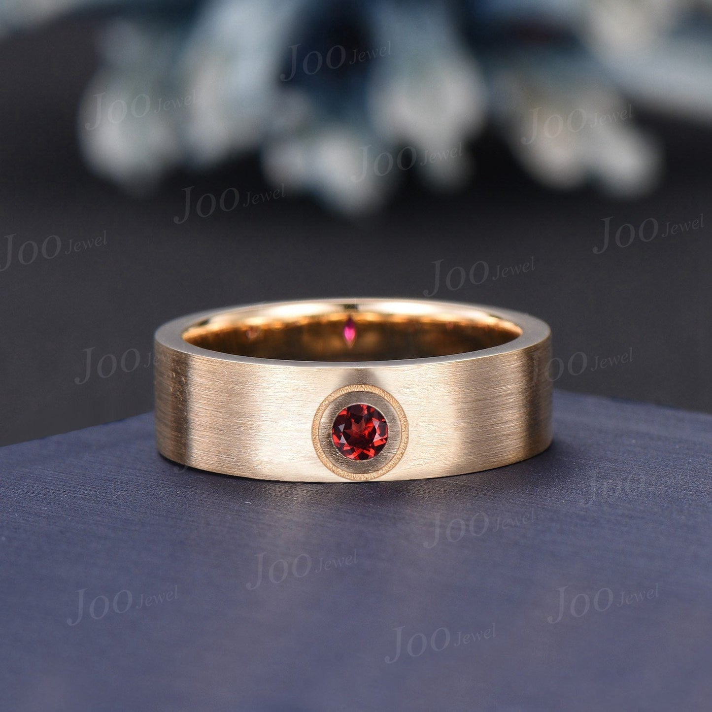 6mm Natural Garnet Mens Brushed Wedding Band 14K Yellow Gold Princess Cut Garnet Promise Ring Pinky Ring Matte Finish Gold Wedding Band Mens