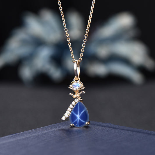 1.25ct Pear Cut Lindy Star Sapphire Pendant Solid Gold Floral Moonstone Wedding Necklace Unique Handmade Proposal/Christmas Gifts for Women