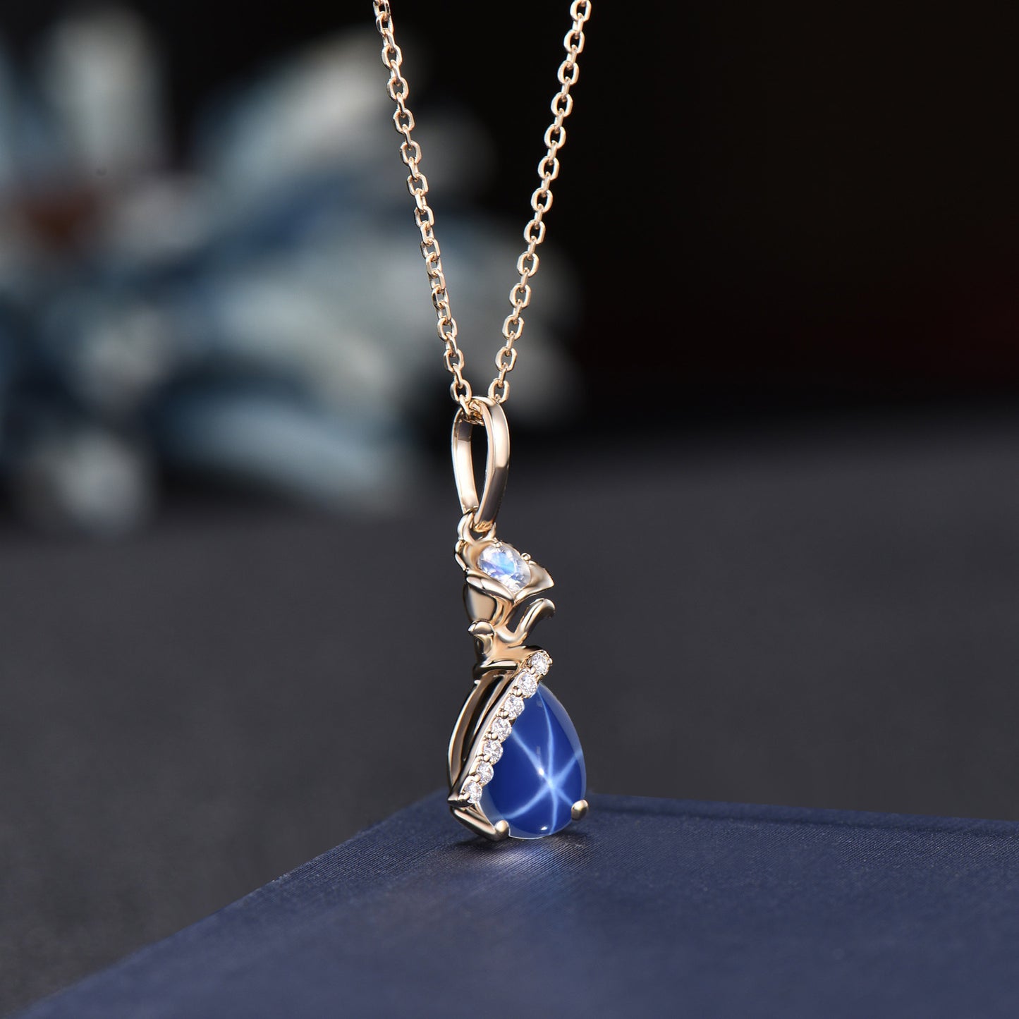 1.25ct Pear Cut Lindy Star Sapphire Pendant Solid Gold Floral Moonstone Wedding Necklace Unique Handmade Proposal/Christmas Gifts for Women