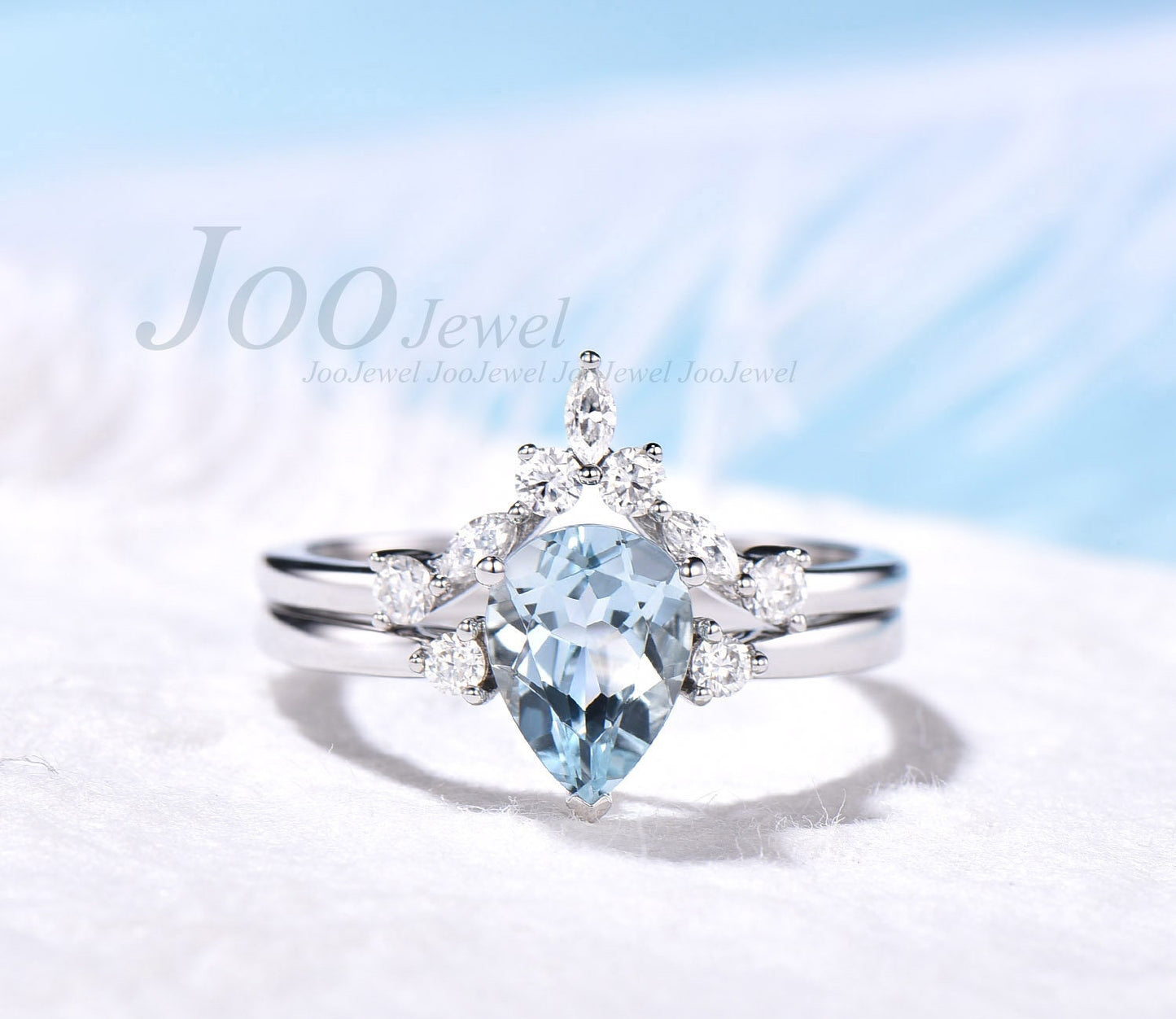 Aquamarine Wedding Ring Set- 14K White Gold Engagement Ring- Three Stone Bridal Ring Set- Marquise/Round Moissanite Annniversary Ring Band