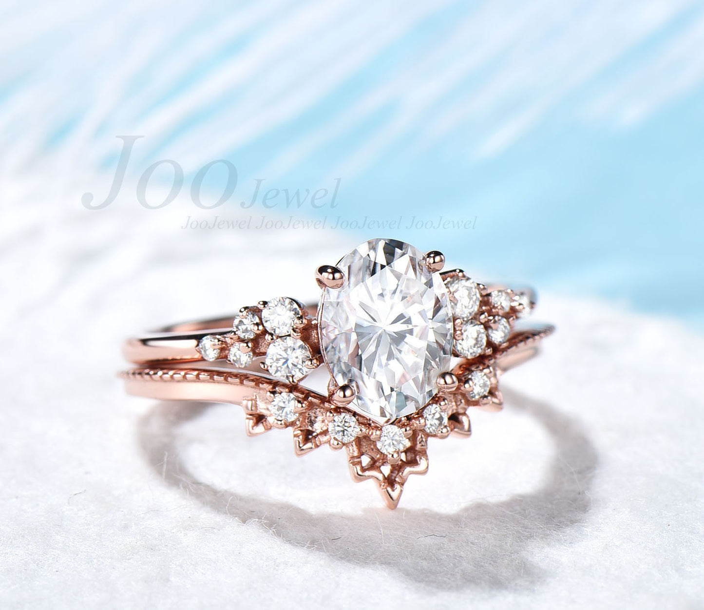 Oval Moissanite Engagement Ring Set For Women Cluster Snowdrift Diamond Wedding Ring Vintage 14k Rose Gold Bridal Ring Set Lace Wedding Band