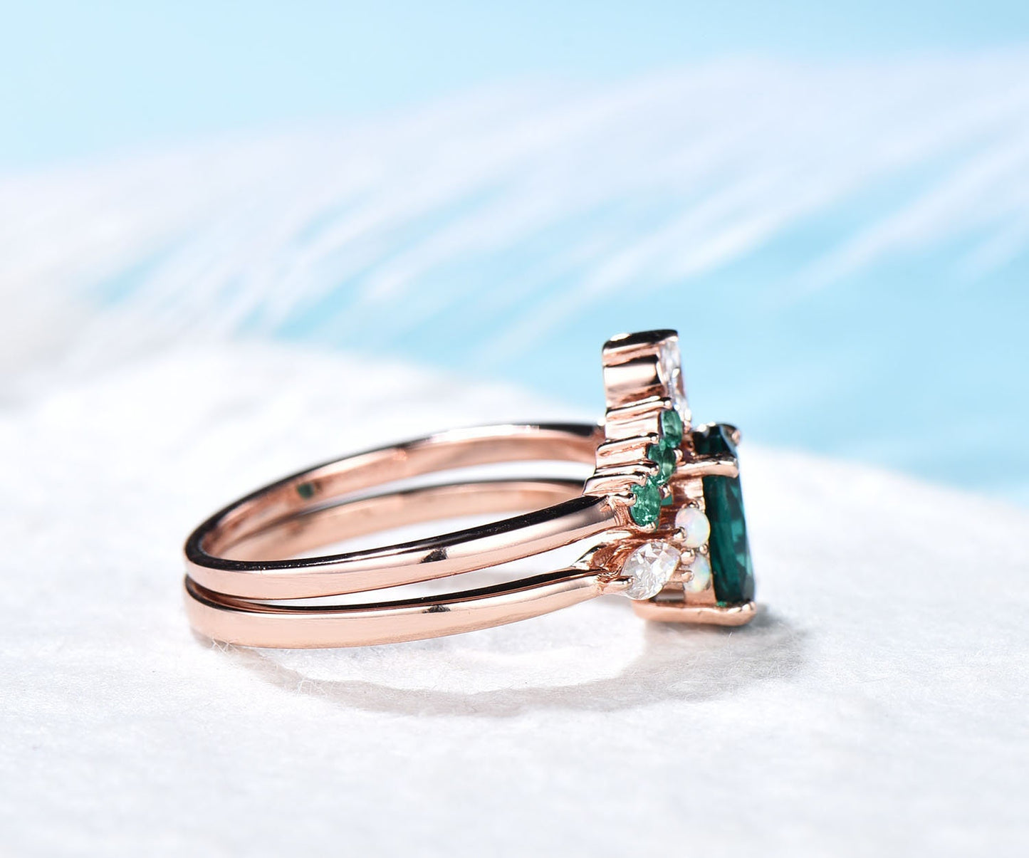 Unique promise ring set Vintage emerald engagement ring set rose gold ring set for women opal ring gold oval cut bridal ring set jewelry
