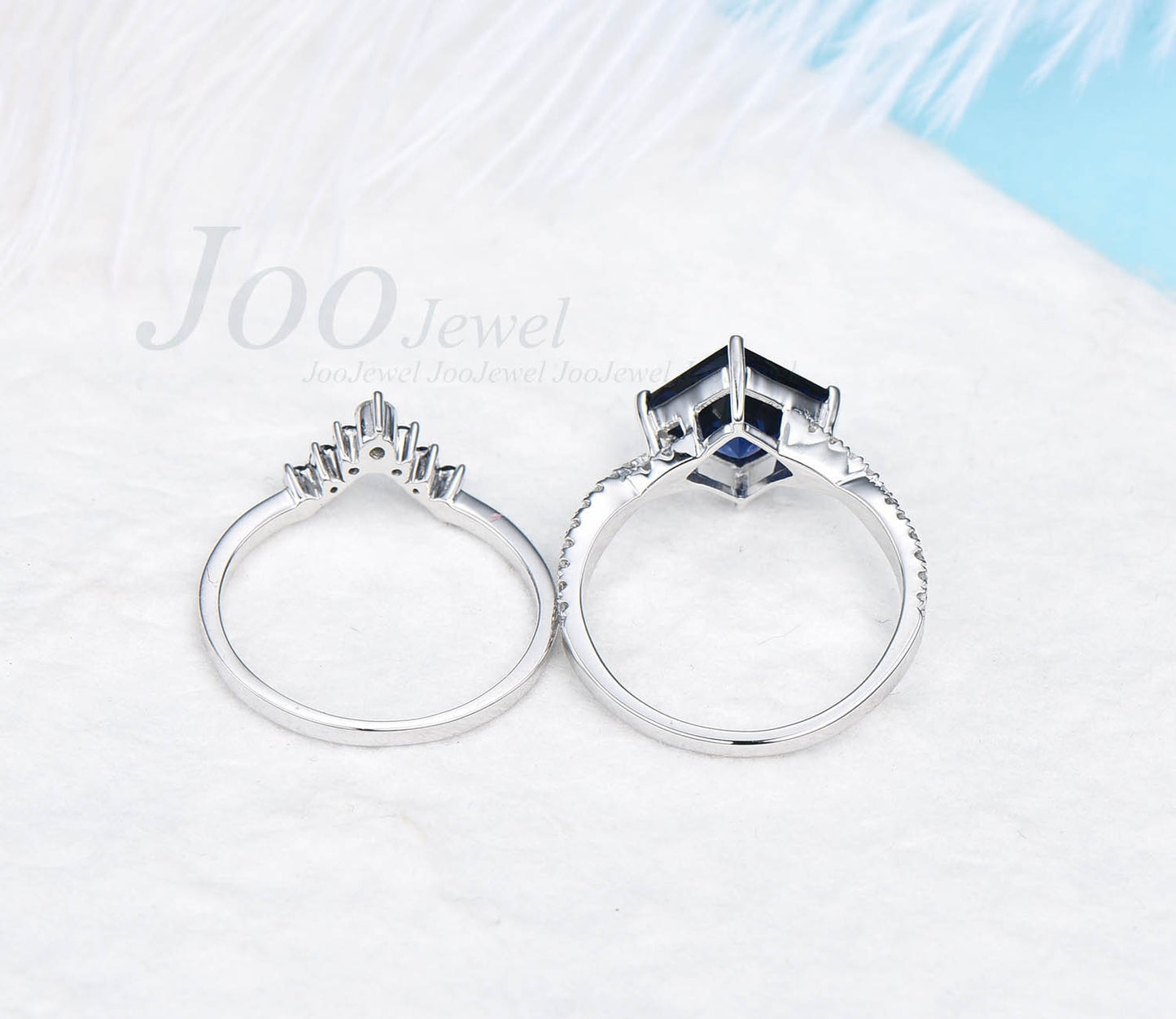 Princess cut sapphire engagement ring set vintage natutal sapphire ring for women Twisted infinity moissanite ring set white gold ring