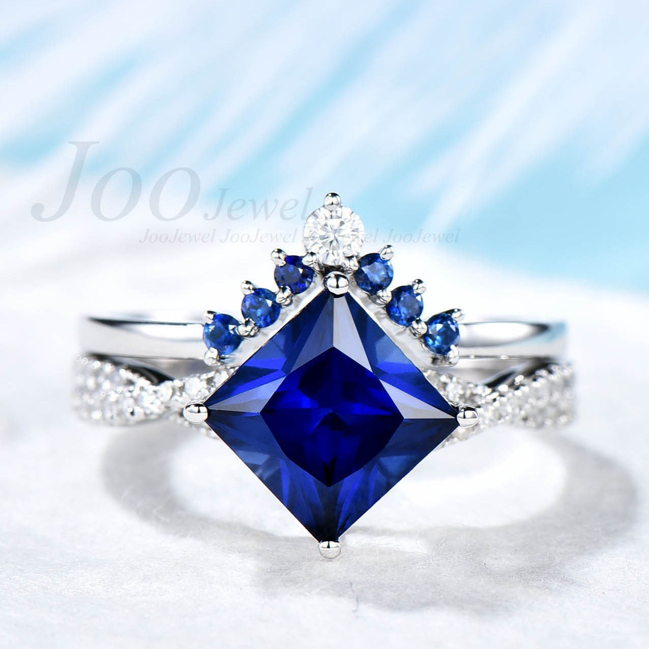 Princess cut sapphire engagement ring set vintage natutal sapphire ring for women Twisted infinity moissanite ring set white gold ring