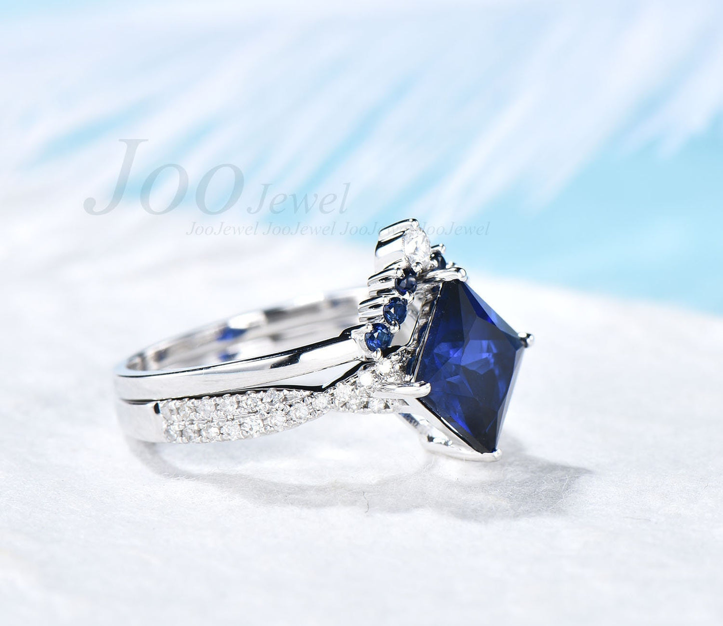 Princess cut sapphire engagement ring set vintage natutal sapphire ring for women Twisted infinity moissanite ring set white gold ring