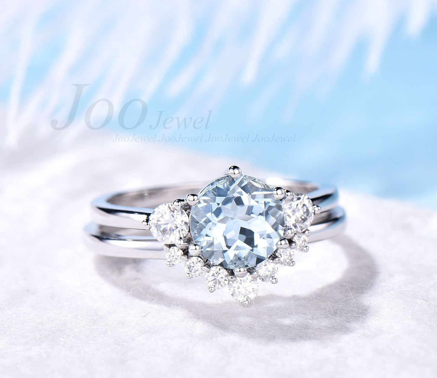 Aquamarine ring gold silver women Vintage Aquamarine engagement ring set rose gold three stone promise ring set March birthstone ring gift