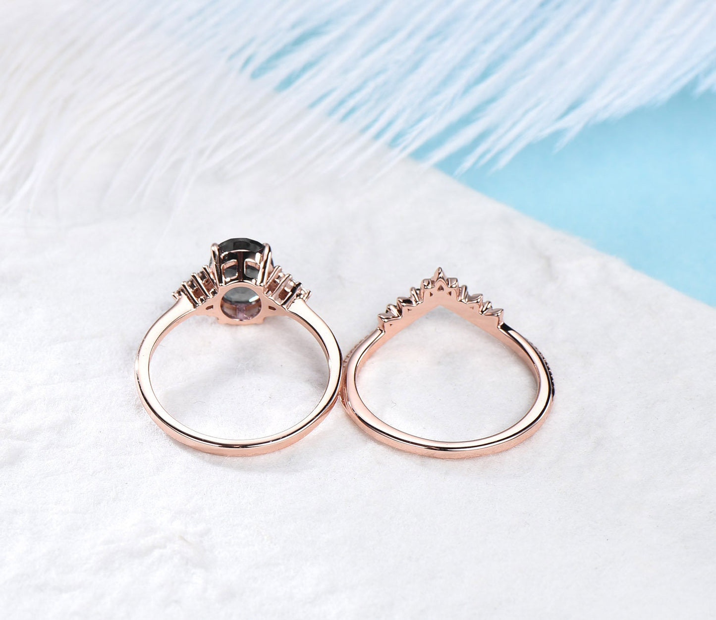 Unique bridal ring set oval black rutilated quartz engagement ring set milgrain lace black diamond ring for women rose gold sterling silver